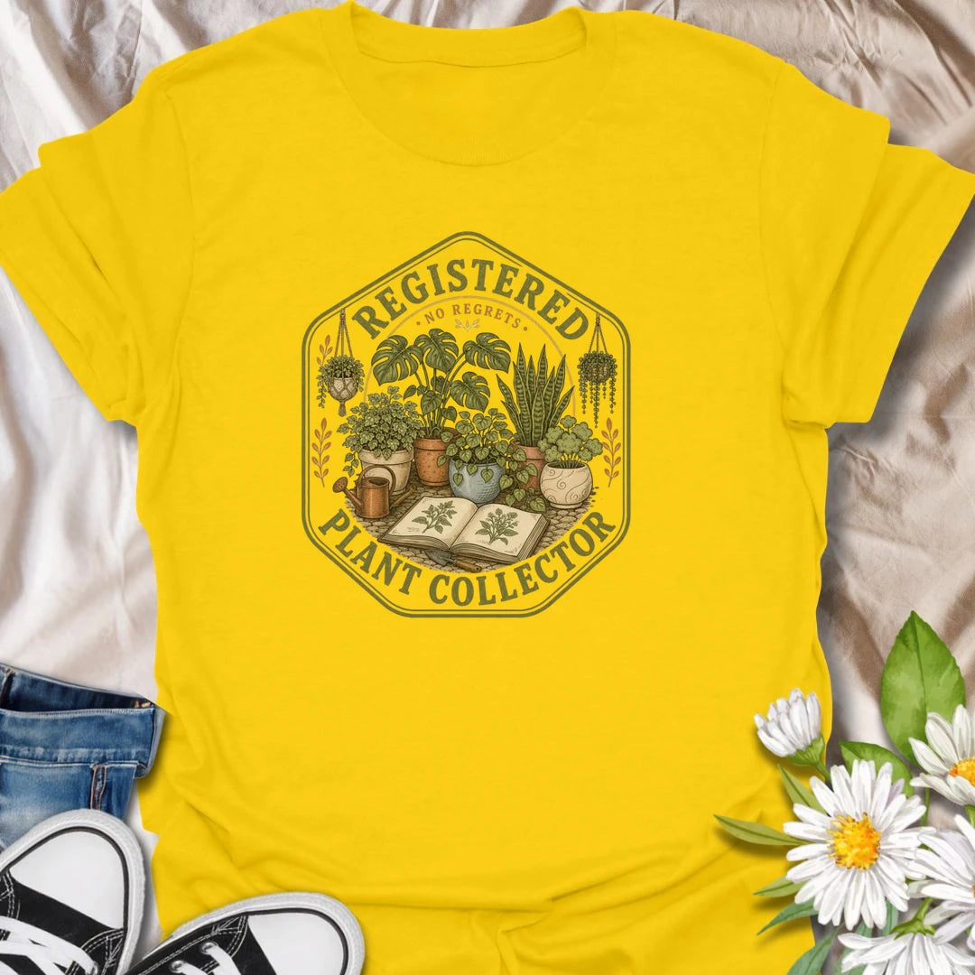 Plant collector t-shirt with a vintage botanical badge design, perfect for houseplant lovers, plant parents, and anyone with a growing indoor jungle.