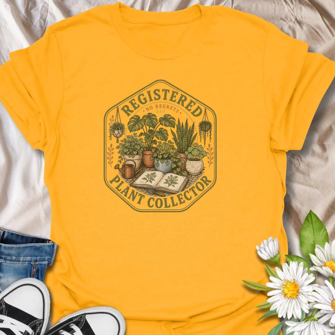 Plant collector t-shirt with a vintage botanical badge design, perfect for houseplant lovers, plant parents, and anyone with a growing indoor jungle.