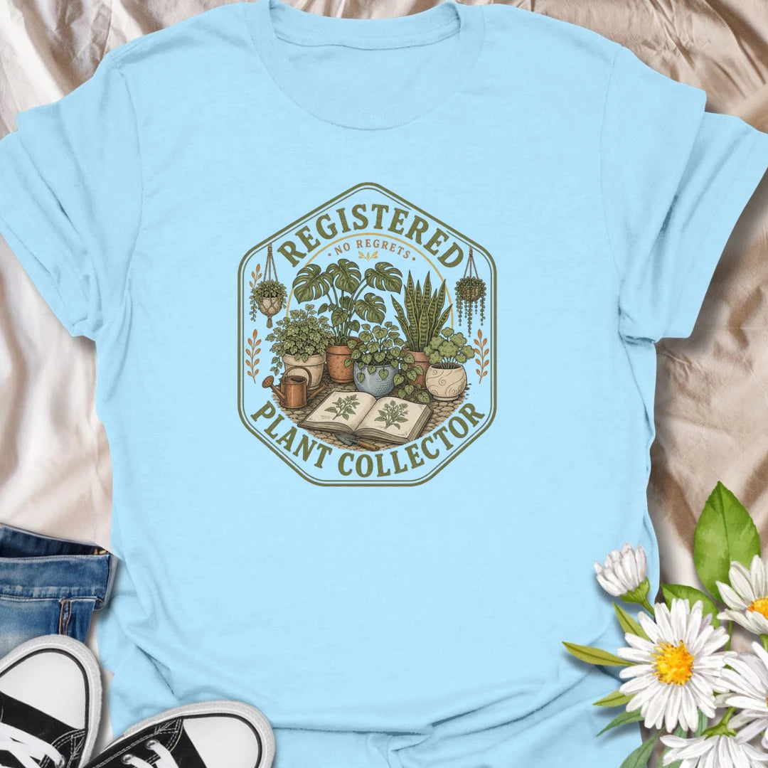 Plant collector t-shirt with a vintage botanical badge design, perfect for houseplant lovers, plant parents, and anyone with a growing indoor jungle.
