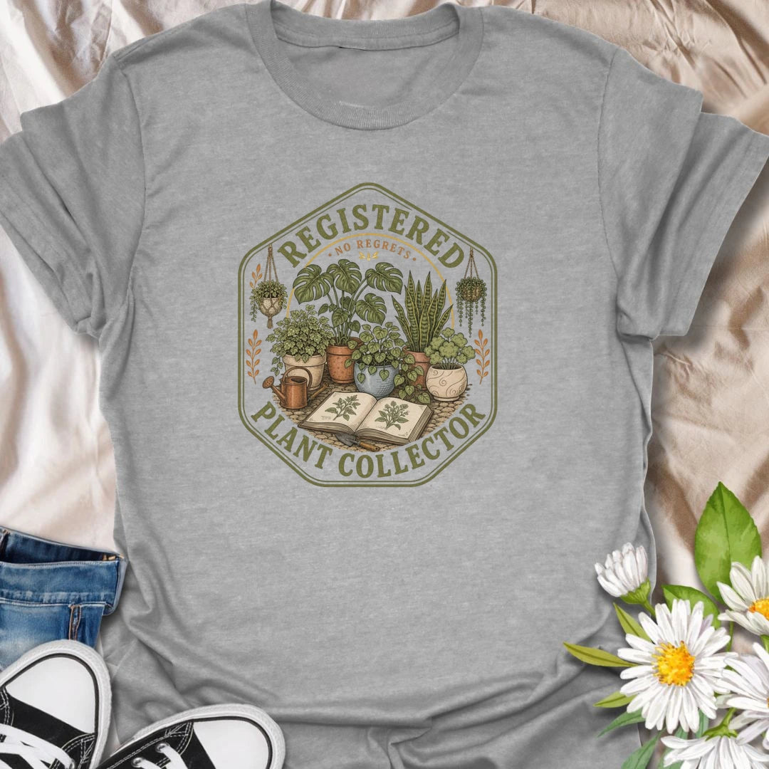 Plant collector t-shirt with a vintage botanical badge design, perfect for houseplant lovers, plant parents, and anyone with a growing indoor jungle.