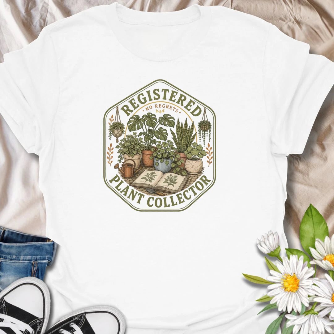 Plant collector t-shirt with a vintage botanical badge design, perfect for houseplant lovers, plant parents, and anyone with a growing indoor jungle.