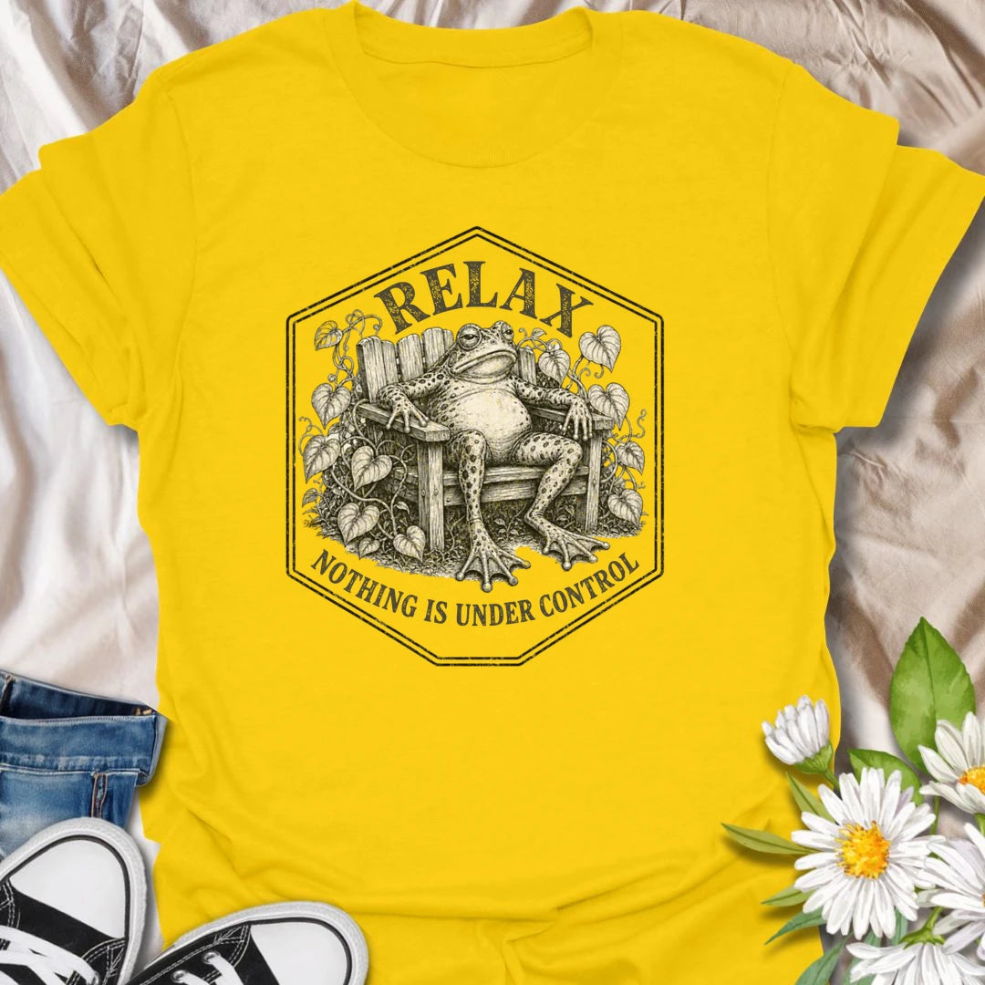 This Relax Nothing Is Under Control t-shirt is perfect for plant lovers and gardeners who know life is messy, plants are dramatic, and the garden is doing whatever it wants. Featuring a relaxed frog in a garden chair surrounded by leafy vines and vintage botanical details, this funny design is great for plant moms, plant dads, frog lovers, gardeners, and anyone embracing the chaos.