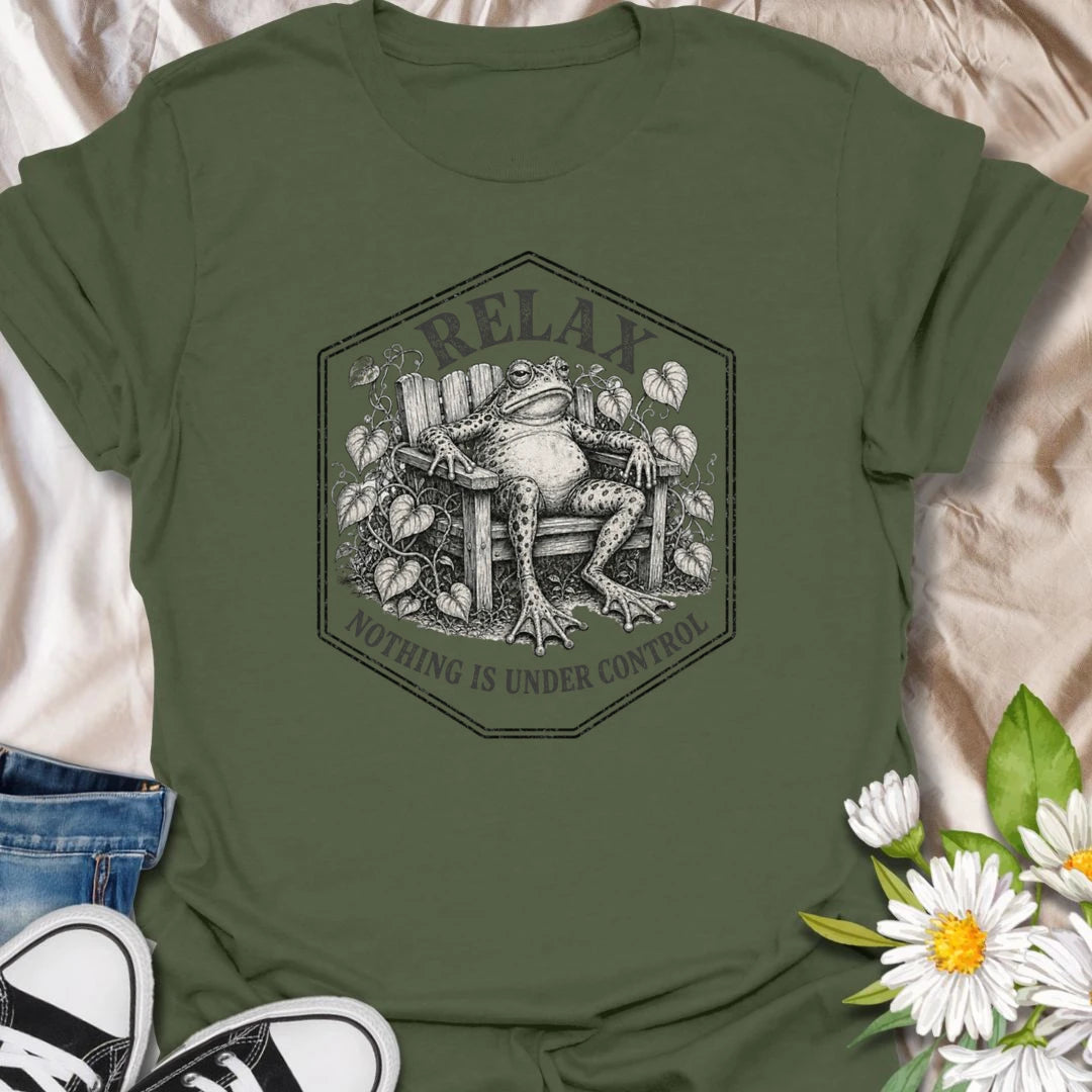 This Relax Nothing Is Under Control t-shirt is perfect for plant lovers and gardeners who know life is messy, plants are dramatic, and the garden is doing whatever it wants. Featuring a relaxed frog in a garden chair surrounded by leafy vines and vintage botanical details, this funny design is great for plant moms, plant dads, frog lovers, gardeners, and anyone embracing the chaos.