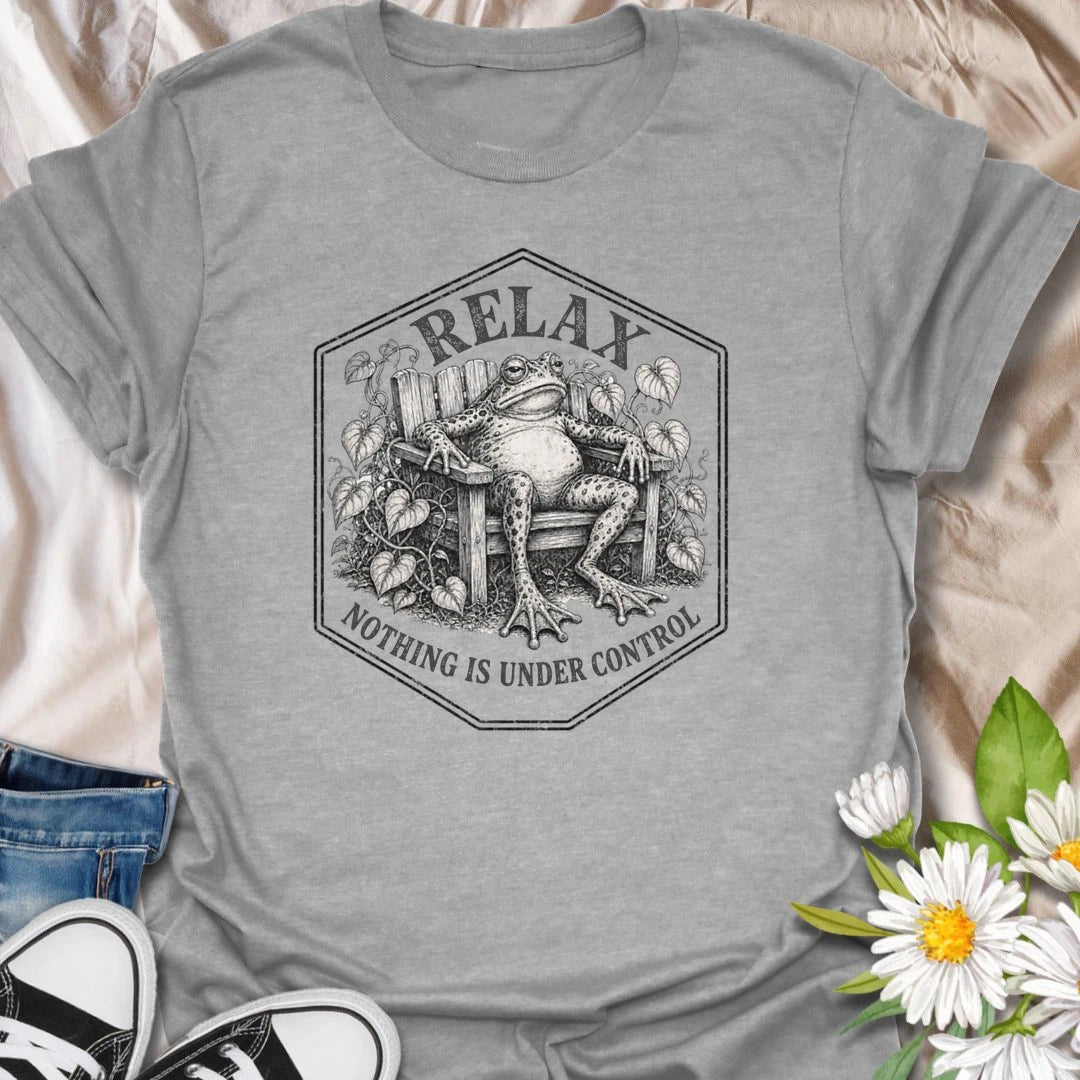 This Relax Nothing Is Under Control t-shirt is perfect for plant lovers and gardeners who know life is messy, plants are dramatic, and the garden is doing whatever it wants. Featuring a relaxed frog in a garden chair surrounded by leafy vines and vintage botanical details, this funny design is great for plant moms, plant dads, frog lovers, gardeners, and anyone embracing the chaos.