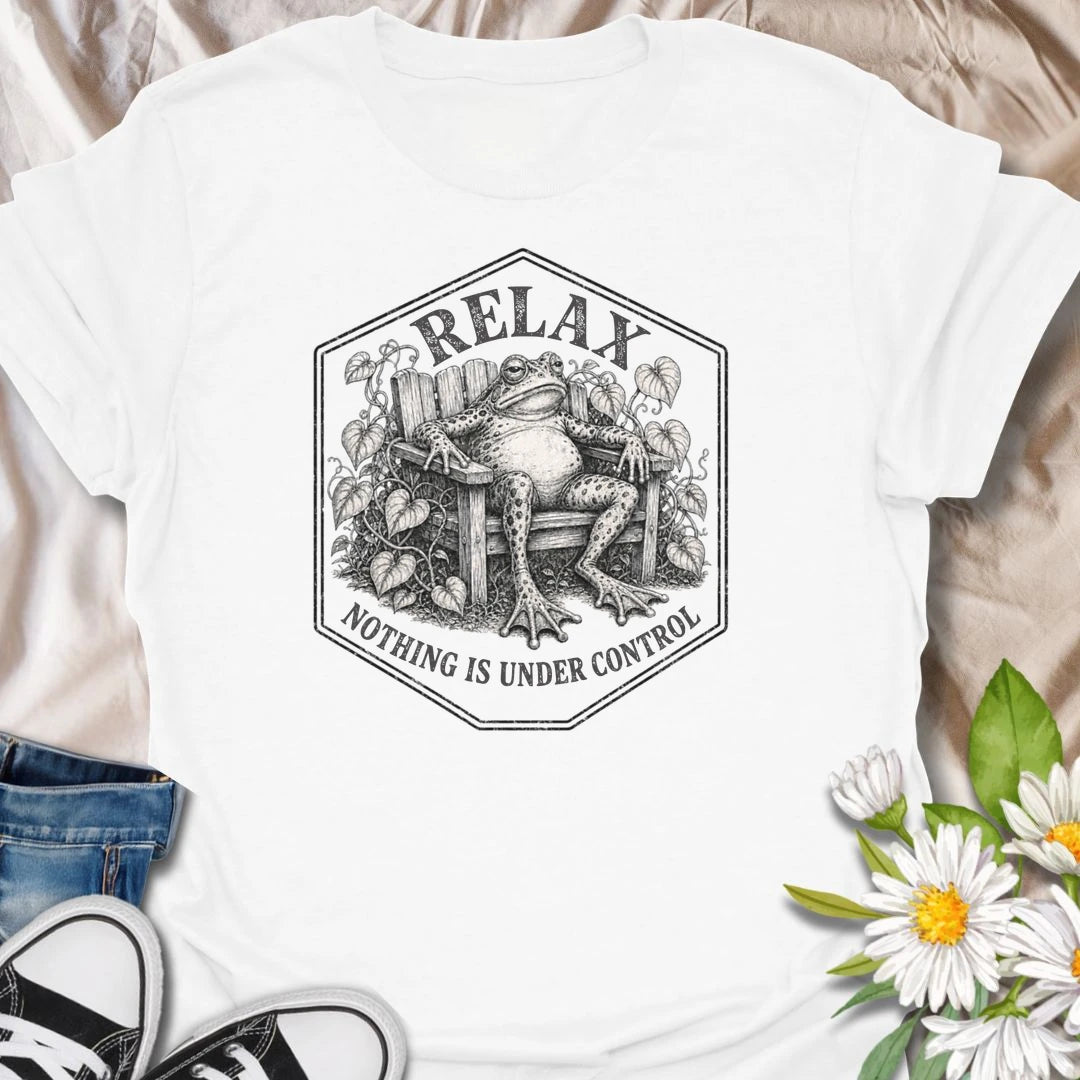 This Relax Nothing Is Under Control t-shirt is perfect for plant lovers and gardeners who know life is messy, plants are dramatic, and the garden is doing whatever it wants. Featuring a relaxed frog in a garden chair surrounded by leafy vines and vintage botanical details, this funny design is great for plant moms, plant dads, frog lovers, gardeners, and anyone embracing the chaos.