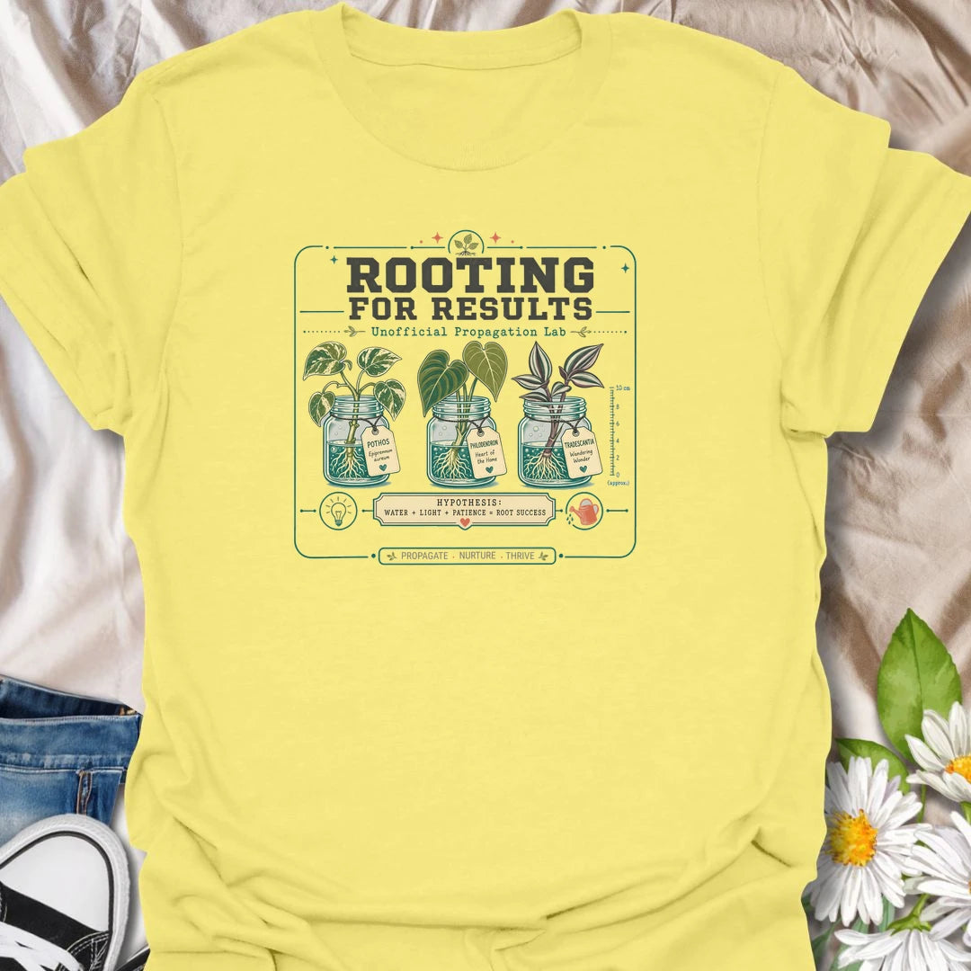 Propagation t-shirt for plant lovers experimenting with cuttings, jars, roots, light, patience, and a little plant science.