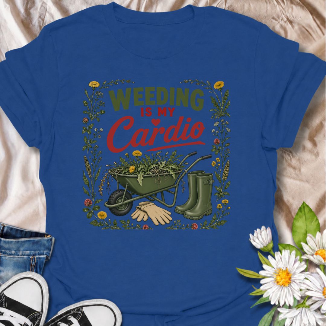 Trade the treadmill for the flower beds with this “Weeding Is My Cardio” T-shirt. Featuring a wheelbarrow full of weeds, gardening gloves, and muddy green boots, it is made for gardeners who get their exercise outdoors. A fun gift for vegetable growers, flower gardeners, and backyard garden enthusiasts.