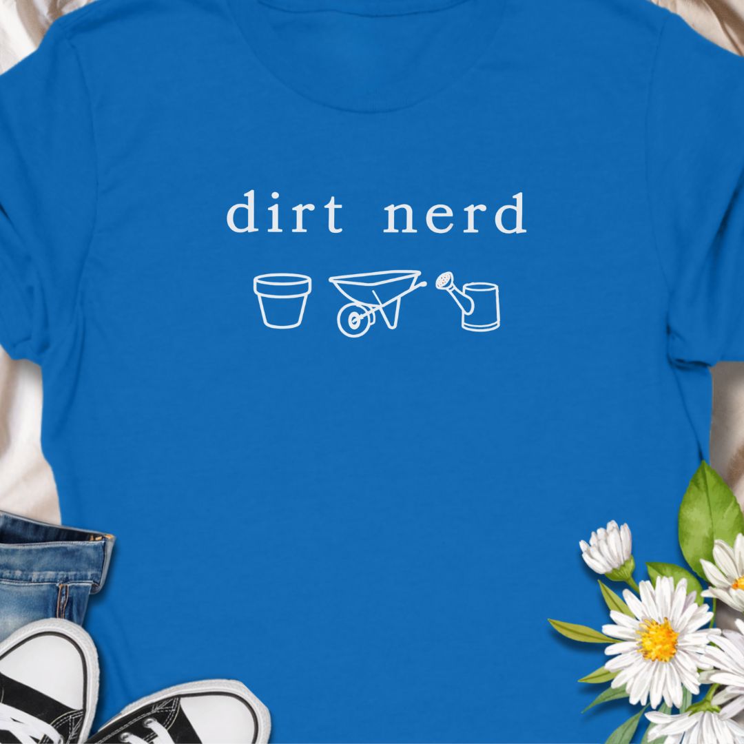 “Dirt Nerd” minimalist gardening t-shirt for plant lovers and gardeners. Subtle botanical humour tee featuring simple garden icons. Perfect for plant parents, garden enthusiasts, and anyone proudly obsessed with soil, plants, and growing things. A great gift for gardeners and plant nerds.