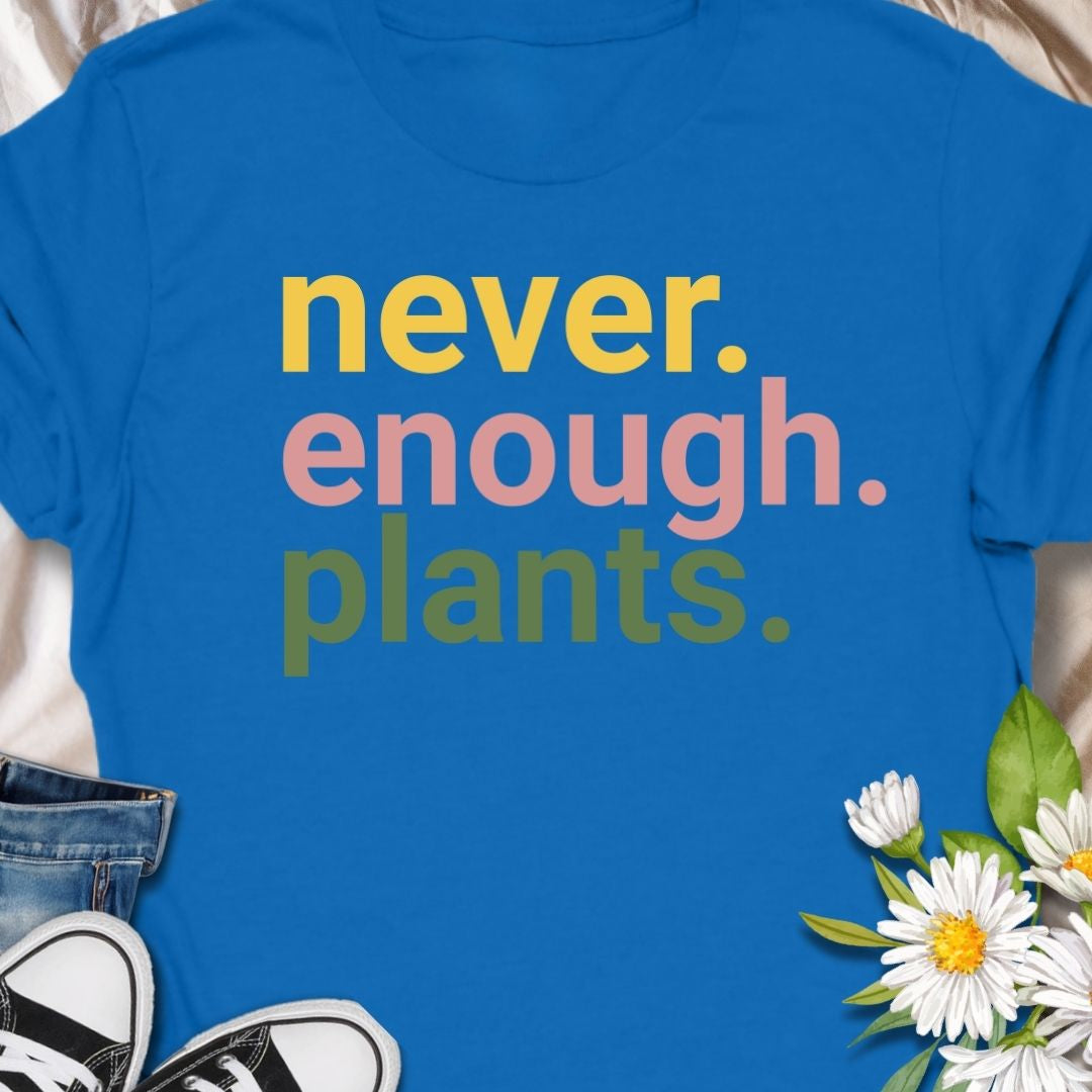 Celebrate your indoor jungle with this “never. enough. plants.” t-shirt, featuring bold pastel typography on a soft, comfy tee. Ideal for plant moms, plant dads and houseplant addicts who can’t resist one more pothos, monstera or succulent, it’s a perfect everyday top or gift for any plant lover.
