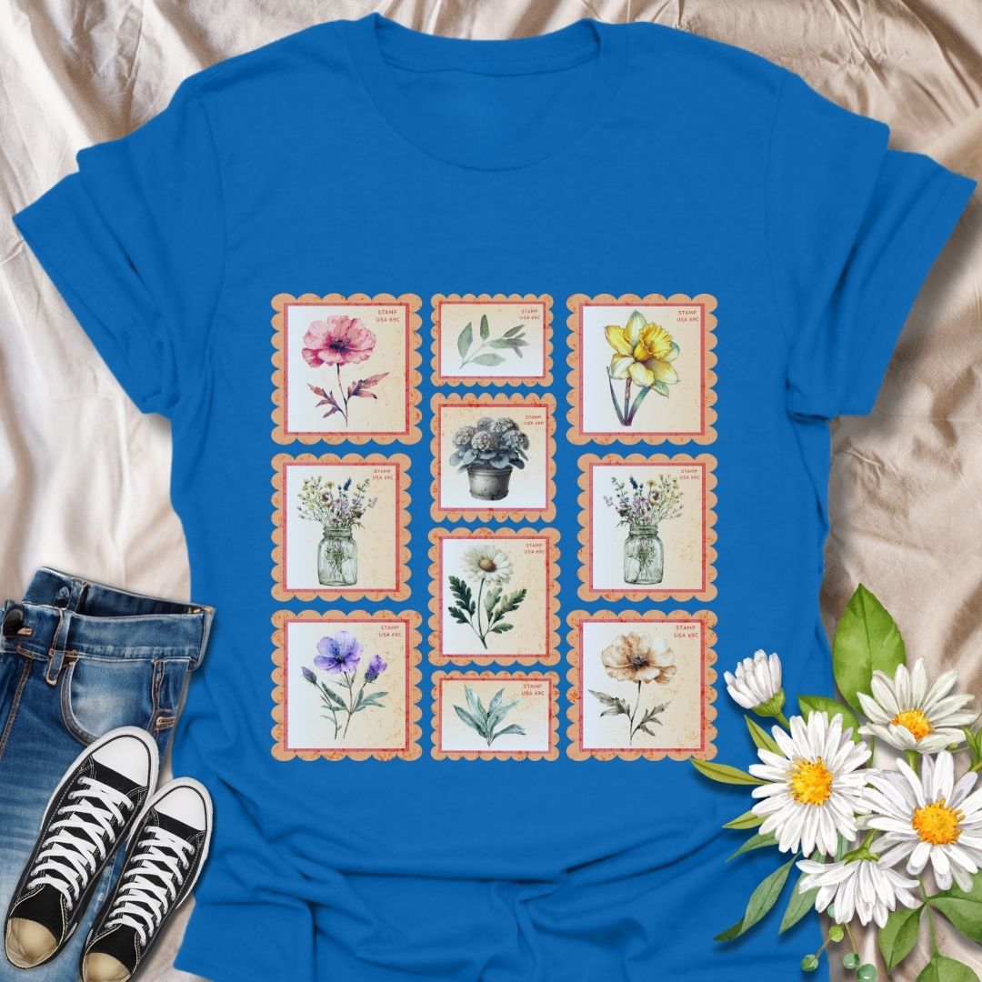 Vintage floral postage stamp t-shirt featuring watercolor botanical prints framed like charming retro stamps. Perfect for flower lovers, gardeners, cottagecore fans, and nature-inspired fashion. Ideal gift for plant moms, wildflower enthusiasts, and those who adore vintage aesthetics