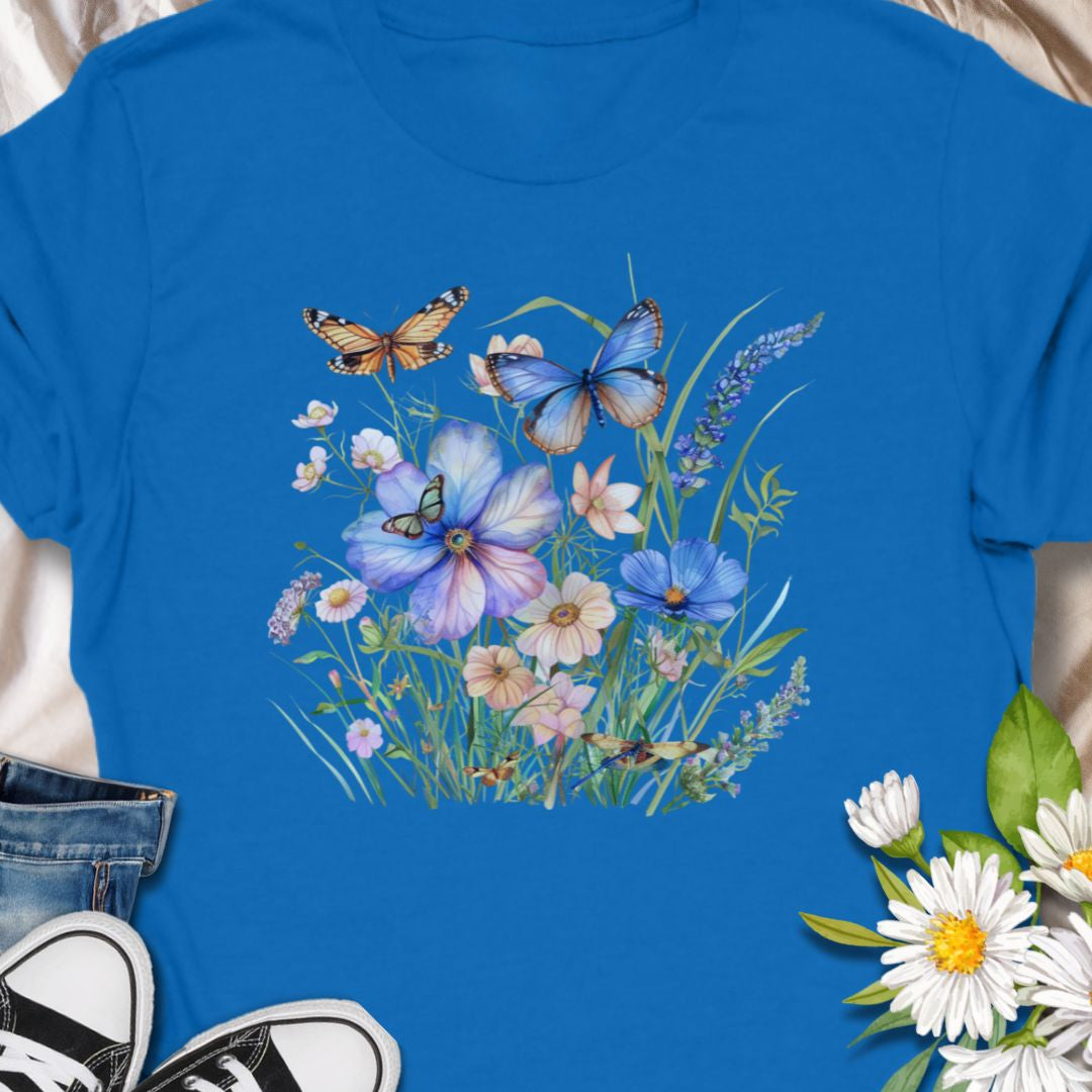 Beautiful nature tee with a delicate meadow of wildflowers and butterflies. simple, and quietly evocative. 
