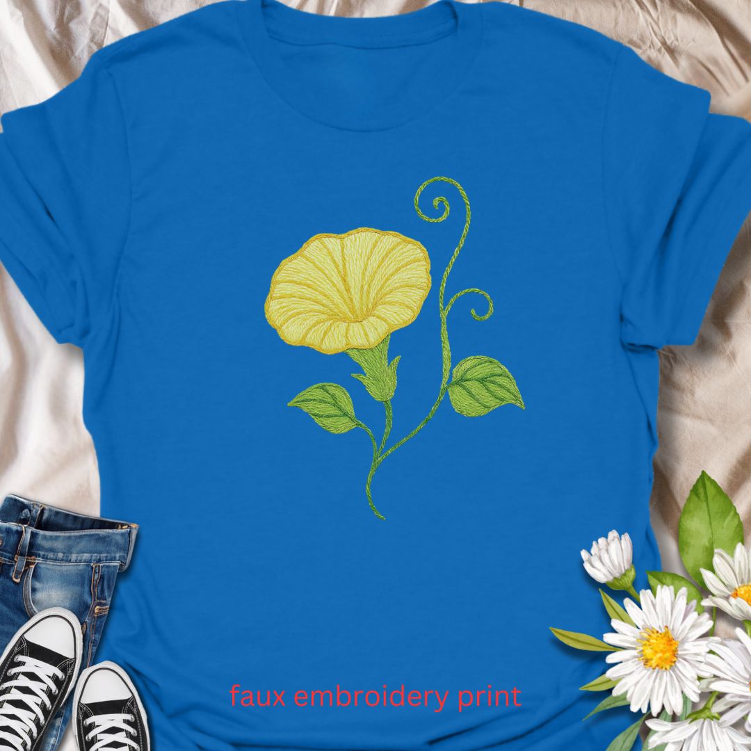 Add a touch of garden charm to your outfit with this faux embroidery t-shirt featuring a delicate yellow morning glory flower. Designed with a stitched-look finish, this nature-inspired tee is perfect for plant lovers, gardeners, and fans of floral simplicity. A soft, botanical vibe for everyday wear or gifting.