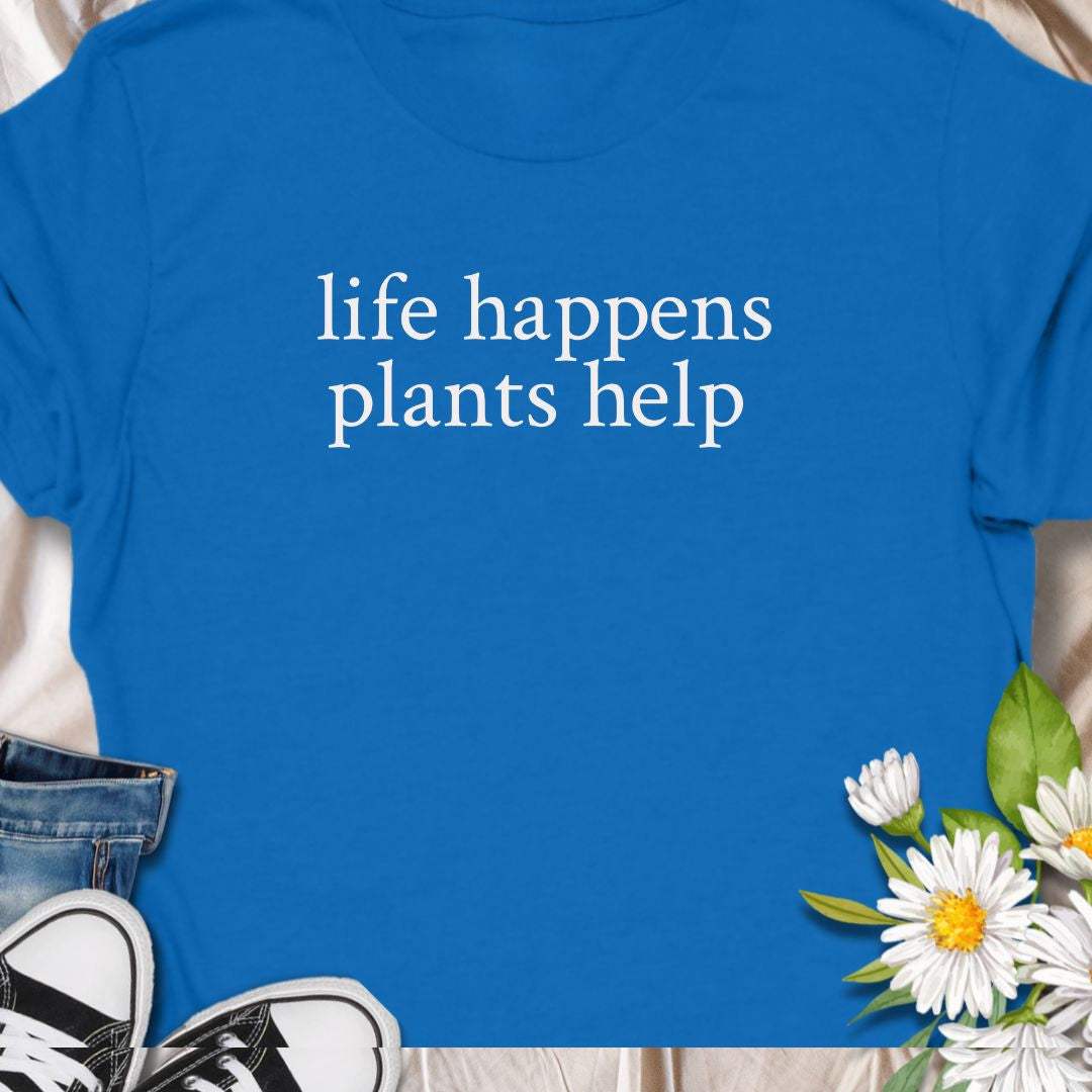 Life happens, plants help. This minimalist botanical t-shirt is designed for plant lovers, gardeners, and anyone who finds comfort in greenery. A calm, thoughtful tee that celebrates nature, self-care, and the healing power of plants.