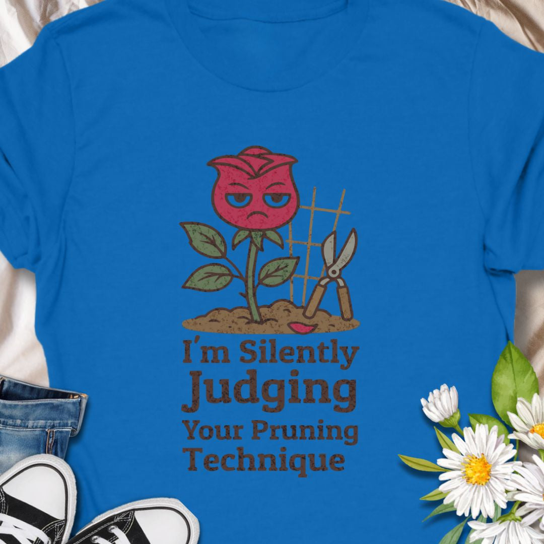 Bring humor to the garden with this “I’m Silently Judging Your Pruning Technique” shirt featuring a sassy red rose. Perfect for gardeners who love their plants trimmed just right and have a sense of humor to match. Makes a great gift for plant lovers and gardening enthusiasts.