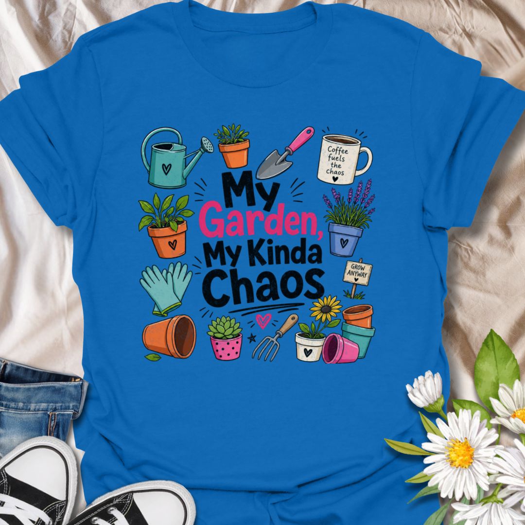 This My Garden My Kinda Chaos t-shirt is made for gardeners who know the best growing spaces are a little messy, colorful, and full of personality. Featuring bold playful typography surrounded by plant pots, a watering can, gloves, garden tools, lavender, coffee, succulents, and cheerful botanical doodles, this design has a fun garden-humor feel for everyday wear. Perfect for gardeners, plant lovers, backyard growers, flower fans, plant moms, and anyone whose happy place is a beautifully chaotic garden.
