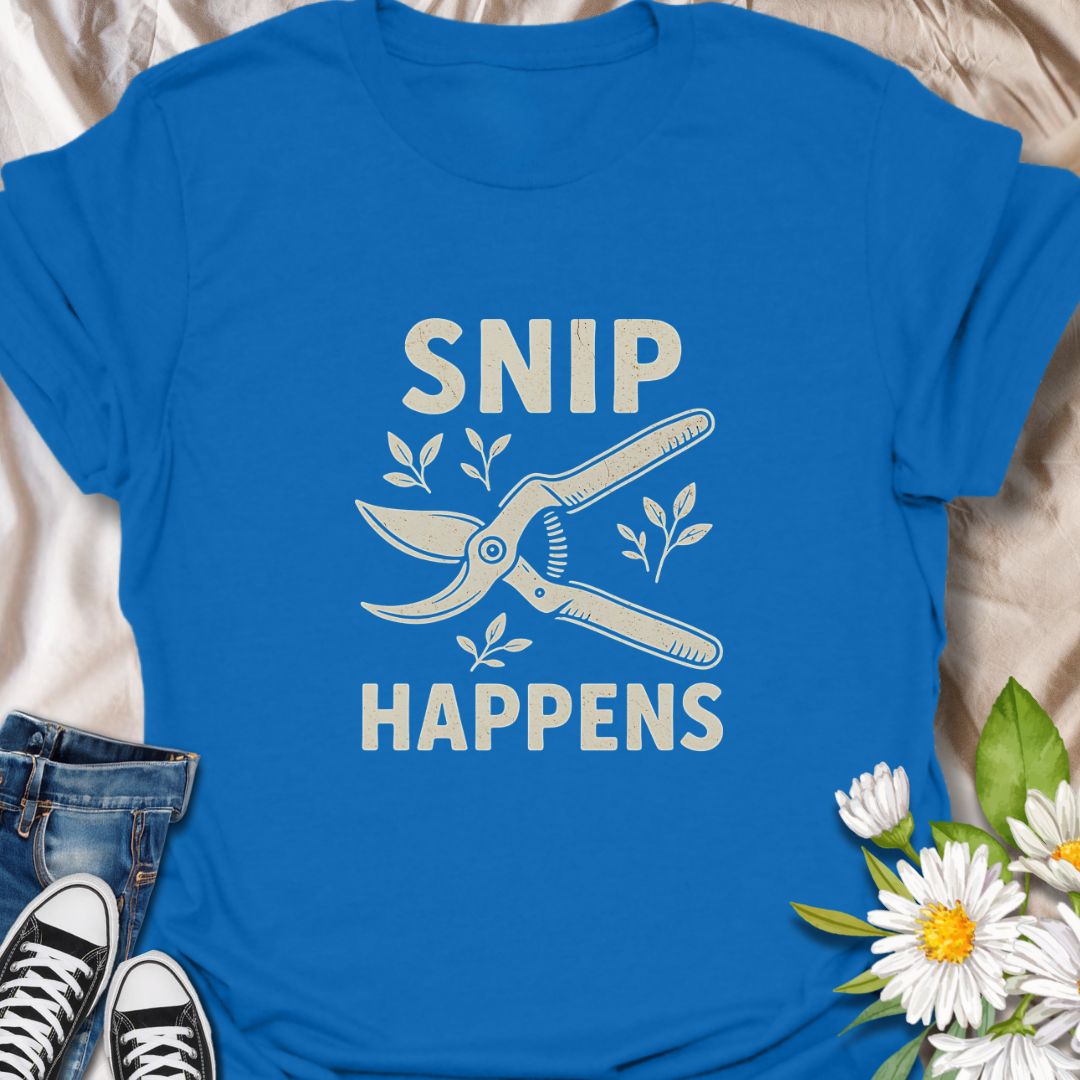 Add humor to your garden gear with this funny "Snip Happens" gardening t-shirt. Featuring classic pruners and a cheeky pun, it's perfect for plant lovers, backyard growers, and anyone who appreciates a good garden joke. Great gift for horticulturists, florists, and green thumbs who love a laugh.
