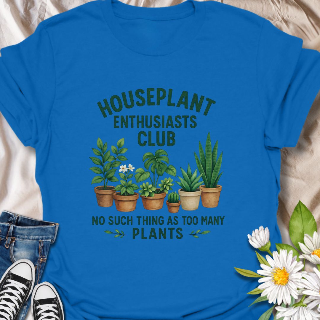 Join the green-thumbed crew with this fun and quirky “Houseplant Enthusiasts Club” shirt. Featuring a lineup of adorable potted plants, this tee is perfect for indoor plant lovers who believe there’s no such thing as too many plants. A must-have for houseplant collectors, plant moms, plant dads, and foliage fanatics.