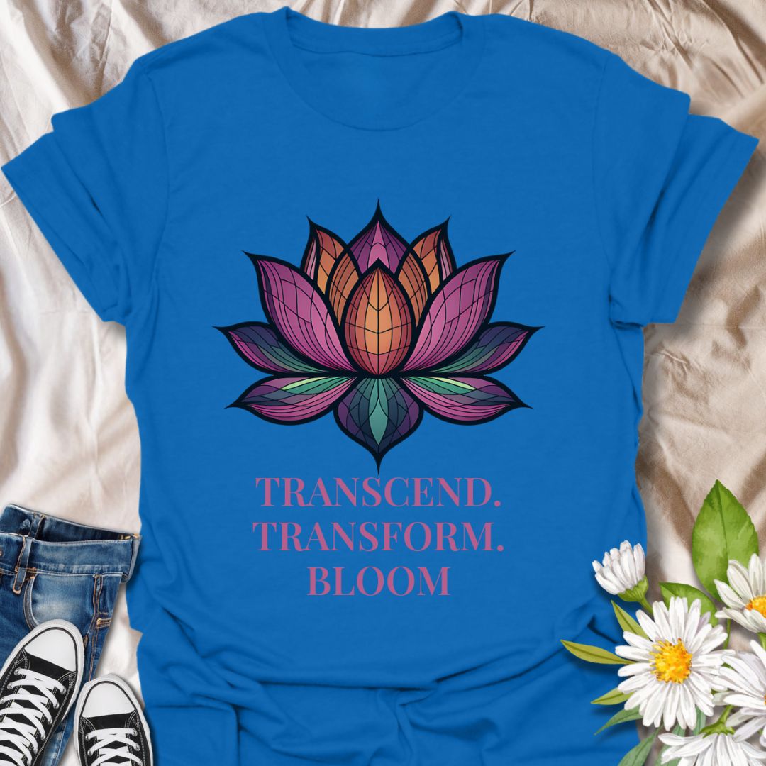 Embrace mindfulness and growth with this stunning lotus flower design paired with the inspirational phrase "Transcend. Transform. Bloom." Perfect for yoga lovers, spiritual seekers, and anyone who resonates with positivity, meditation, and inner transformation.