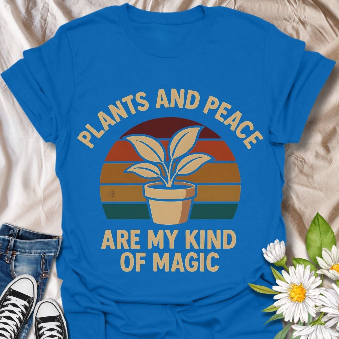 Retro-inspired “Plants and Peace Are My Kind of Magic” t-shirt for plant lovers and peace seekers. Featuring a potted plant with vintage sunset stripes, this design blends boho style with mindfulness—perfect for gardeners, plant parents, and earthy souls.