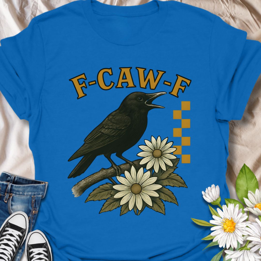 Add bold floral attitude to your wardrobe with this quirky crow and flower graphic tee featuring the cheeky phrase "F-CAW-F." Perfect for flower lovers with a sense of humor, nature enthusiasts, and cottagecore fans who enjoy a little edge in their aesthetic.