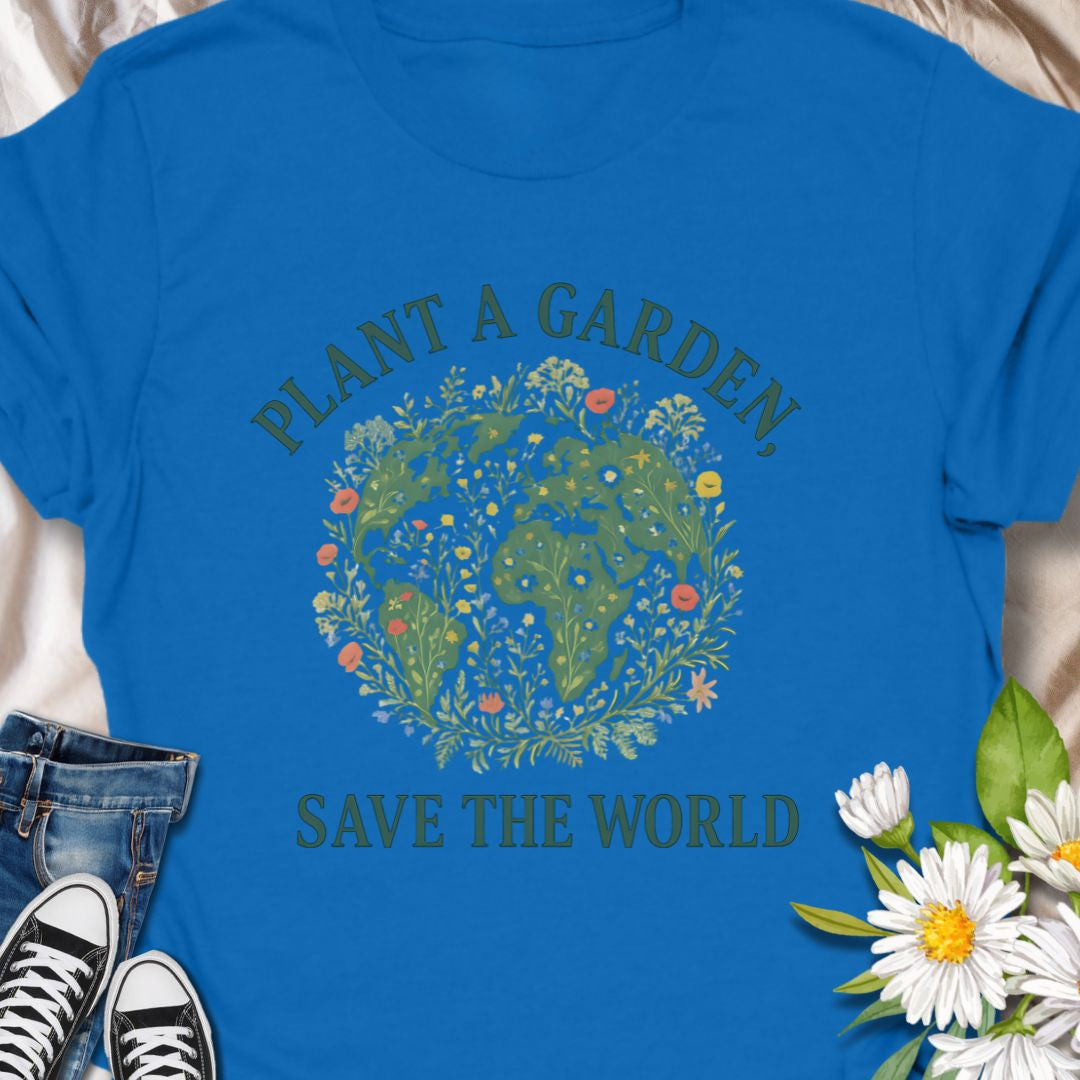 Inspire eco-conscious gardening with this "Plant a Garden, Save the World" t-shirt. Perfect for Earth Day, gardeners, and plant-based lifestyle advocates. This tee carries a gentle message: Plant a garden, save the world. The artful globe filled with leaves, flowers, and tiny pollinators sits center chest—subtle, hopeful, and easy to wear every day. 