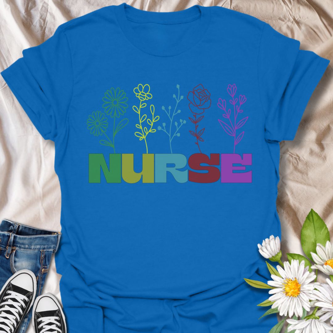 Celebrate caring in color with this rainbow floral "NURSE" t-shirt. A vibrant and heartfelt gift for nurses who bring healing and compassion. Perfect for Nurse Appreciation Week, graduations, or everyday pride.