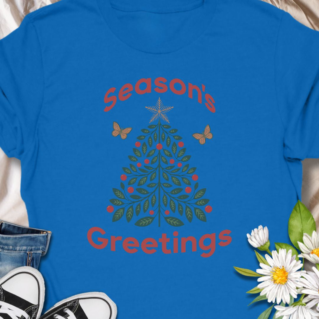 Spread festive cheer with this charming “Season’s Greetings” t-shirt featuring a leafy Christmas tree and butterflies. A unique and nature-inspired holiday tee perfect for garden lovers and anyone who celebrates the season in style.