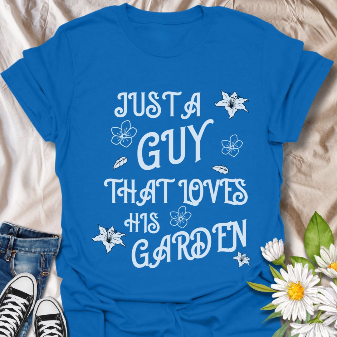 Celebrate gardening passion with this fun "Just A Guy That Loves His Garden" t-shirt. Featuring playful floral graphics and a bold statement, it's perfect for the green-thumbed guy who enjoys spending time in the garden.