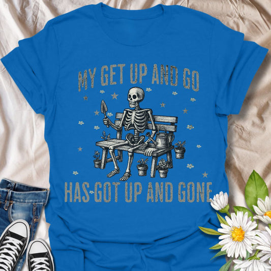 Funny skeleton gardening t-shirt with vintage illustration and the phrase "My Get Up and Go Has Got Up and Gone." Perfect for tired gardeners, plant lovers with a sense of humor, and those who enjoy witty, gardening-inspired apparel with a spooky twist. Great gift idea for green thumbs who love to laugh.