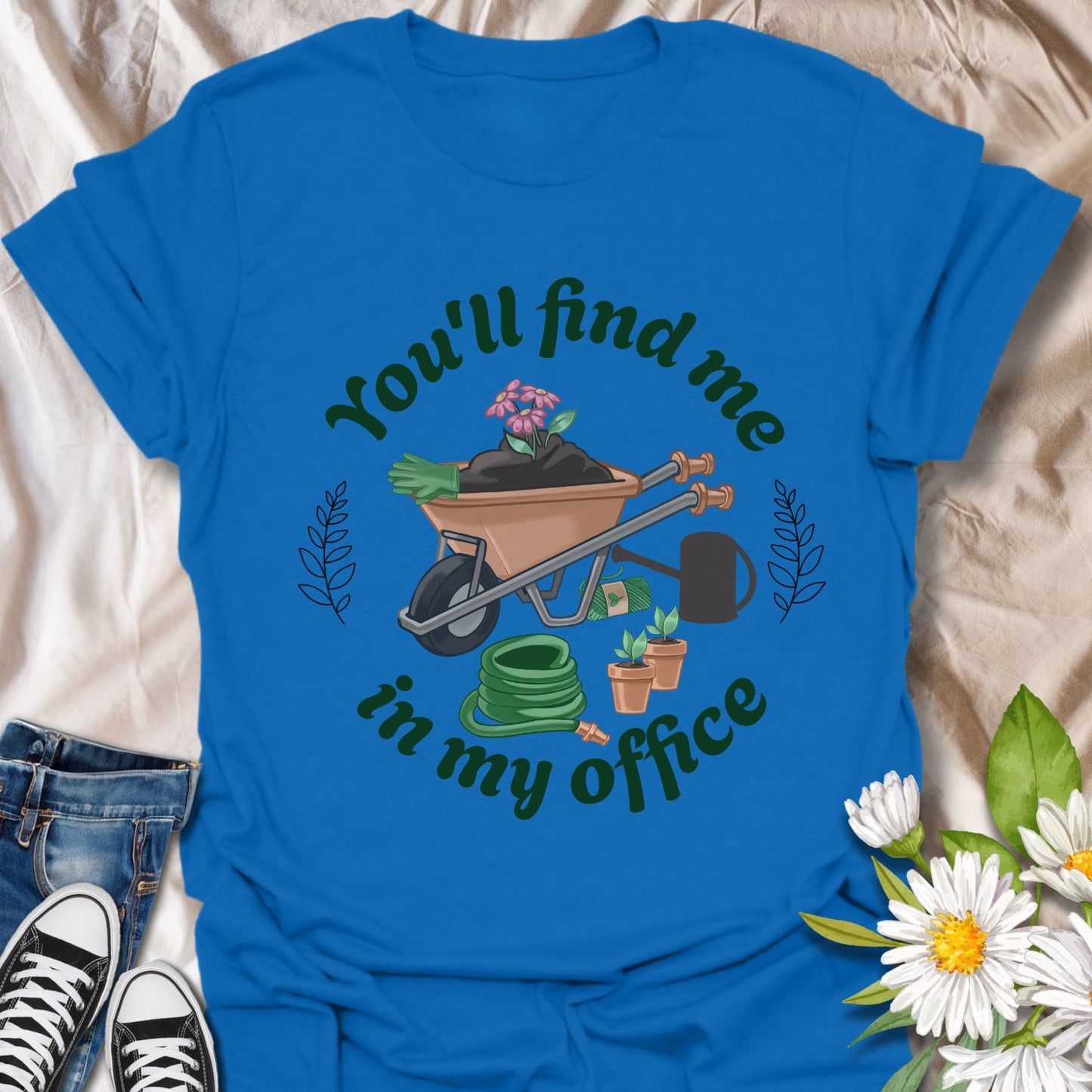 Show the world where you really get your work done—with dirt on your hands and plants in bloom! This playful “You'll Find Me in My Office” tee is perfect for gardeners who call the outdoors their cubicle.