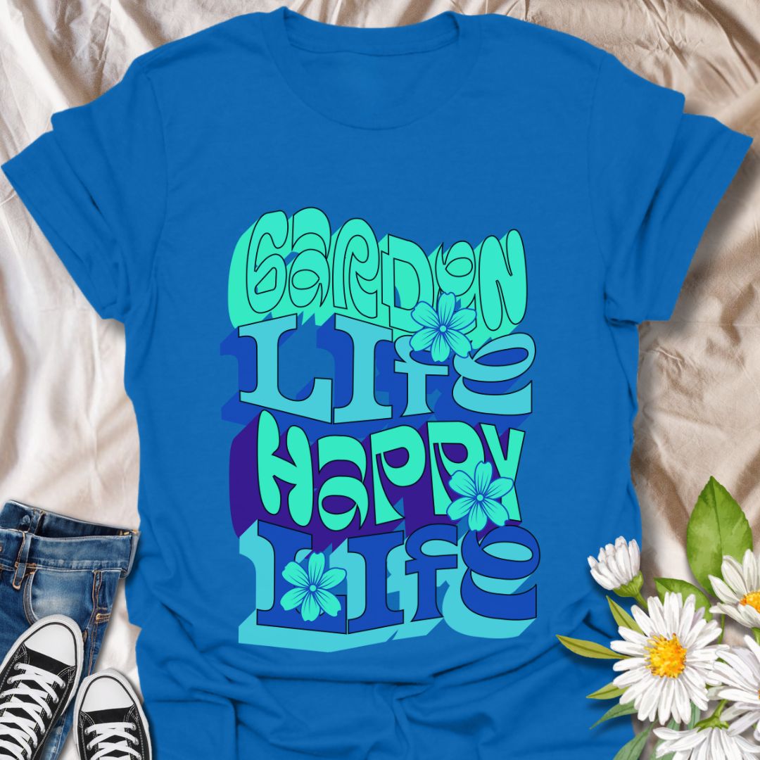 Bright and bold “Garden Life, Happy Life” t-shirt with retro lettering and vibrant floral accents. Perfect for gardeners and flower lovers who live for sunshine, soil, and positive vibes. A cheerful botanical tee for spring and summer joy.