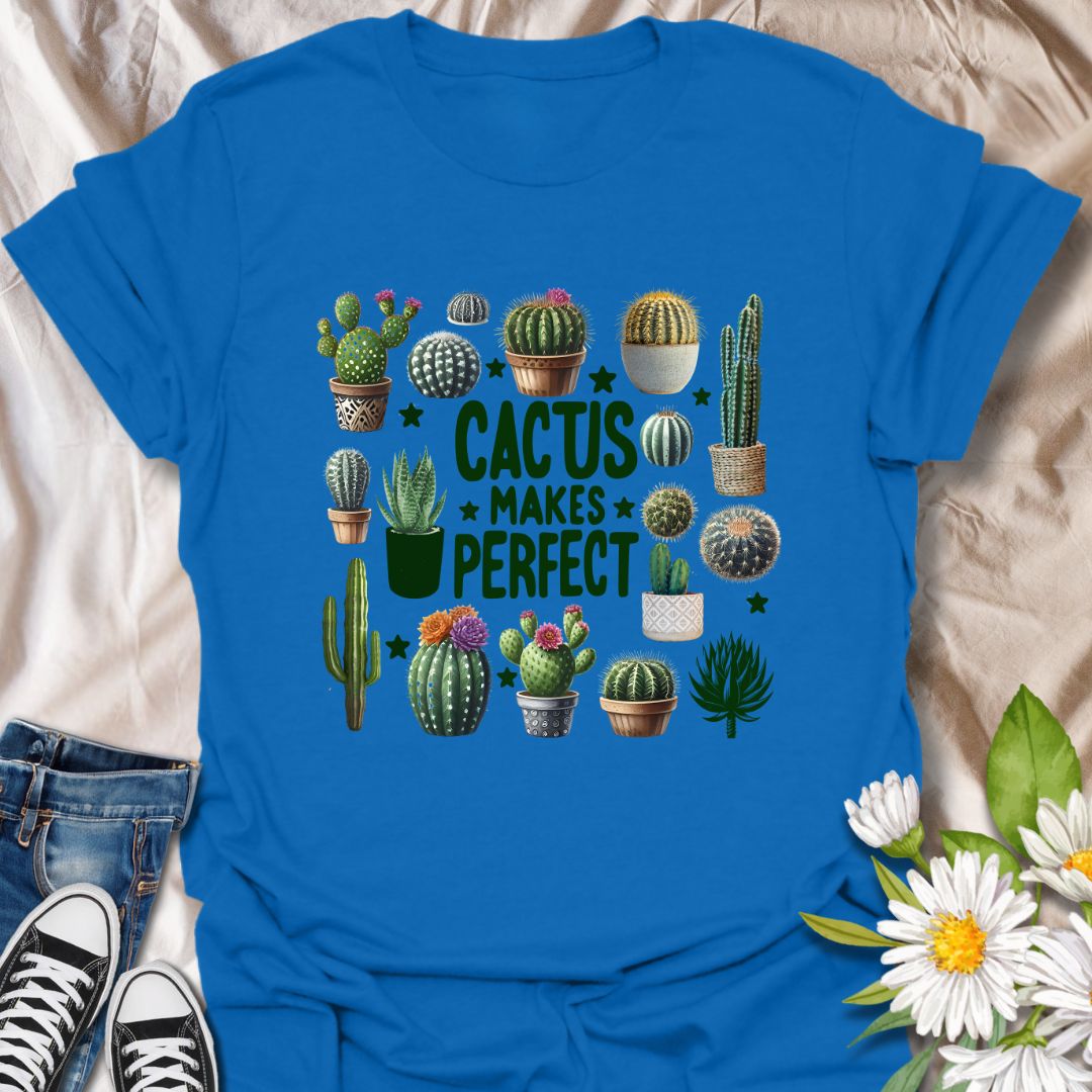 Fun cactus-themed t-shirt with colorful potted succulents and the playful phrase “Cactus Makes Perfect.” Ideal for plant parents, desert garden fans, and lovers of greenery with a sense of humor. Great gift for cactus collectors and gardeners.