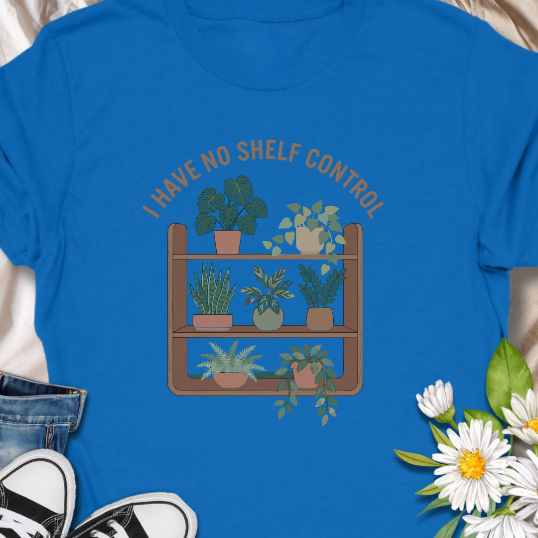 Celebrate your love for plants and witty humor with this “I Have No Shelf Control” t-shirt, featuring a cozy plant shelf filled with greenery. Perfect for houseplant lovers, plant collectors, and green-thumbed decor enthusiasts. A must-have for anyone who keeps adding plants to their shelves—no regrets!