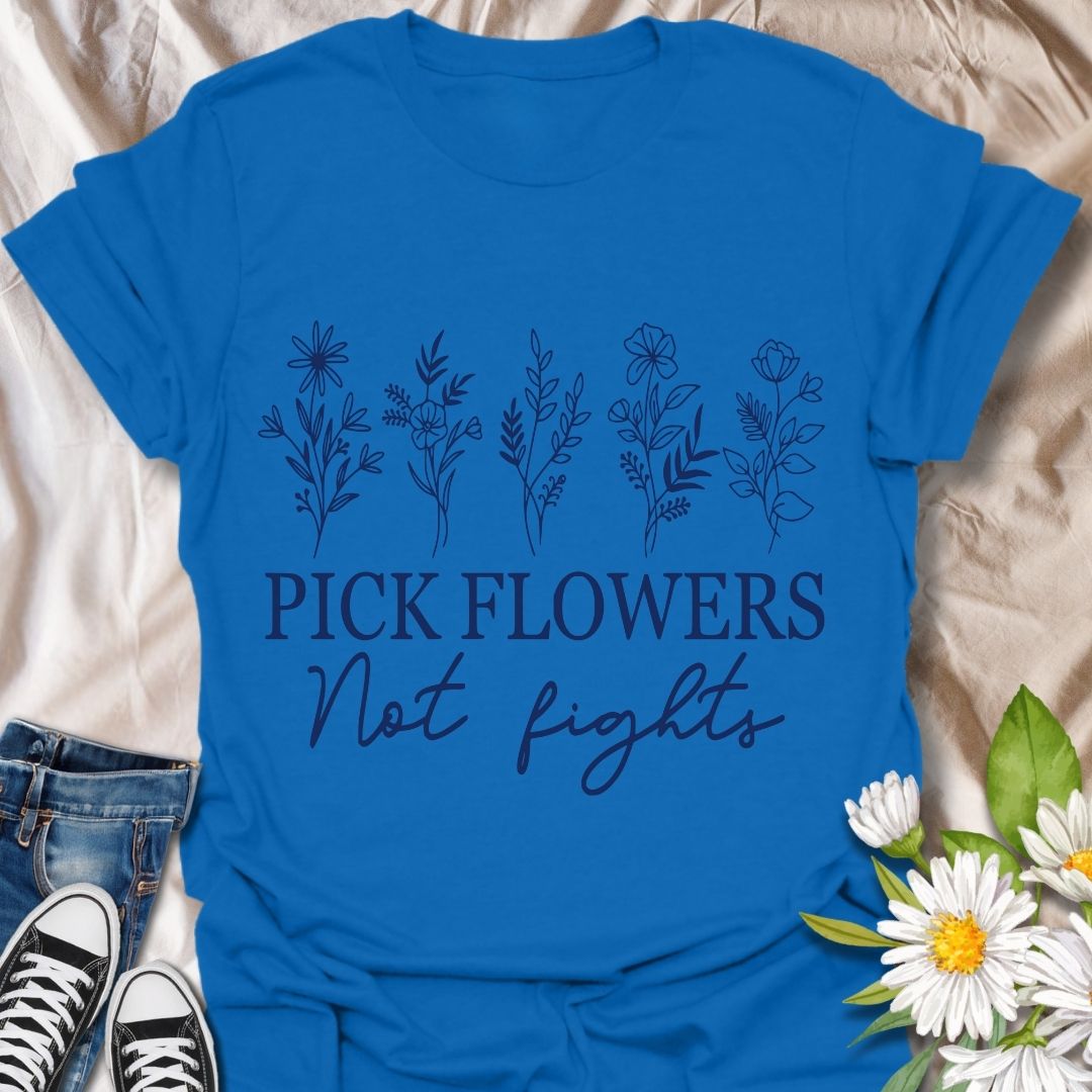 Promote peace and positivity with this “Pick Flowers Not Fights” botanical t-shirt. Featuring minimalist hand-drawn floral illustrations, it’s perfect for garden lovers, plant moms, and kindness advocates.