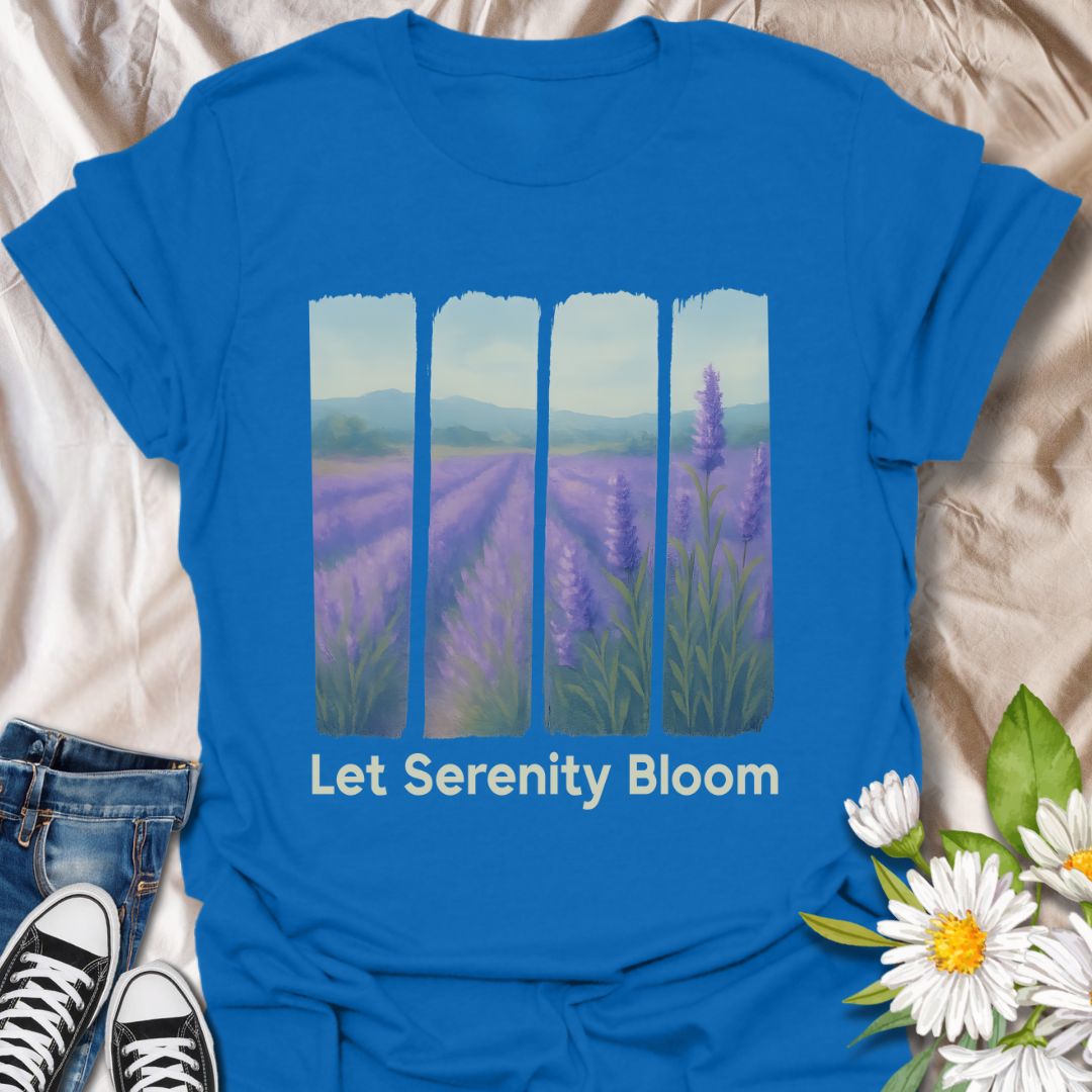 Embrace peaceful vibes with this "Let Serenity Bloom" t-shirt, featuring a dreamy lavender field viewed through vertical panels. Printed on a deep navy blue tee, this design radiates calm, mindfulness, and nature-inspired beauty. A perfect gift for lavender lovers, gardeners, and anyone drawn to serene, floral art.