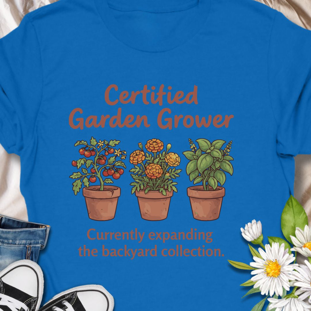 Show off your green thumb with this charming “Certified Garden Grower” t-shirt featuring potted veggies, herbs, and flowers. Perfect for proud backyard gardeners, homesteaders, or anyone always expanding their plant collection. A great gift for plant lovers and veggie growers!
