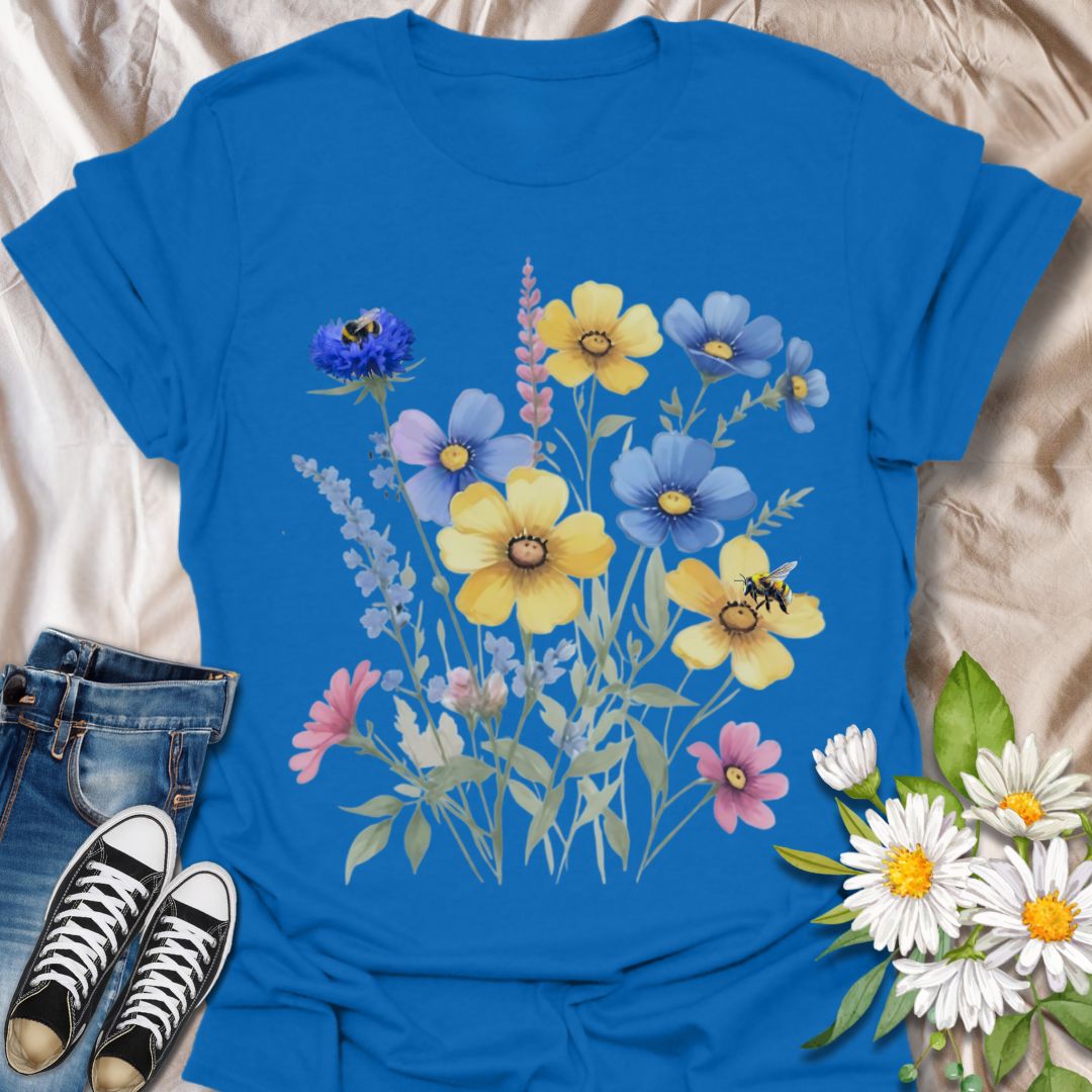 Beautiful floral t-shirt with pastel wildflowers and busy bees. A cheerful, nature-inspired design celebrating pollinators and blossoms. Perfect for bee lovers, gardeners, and anyone who appreciates sunshine, flowers, and the magic of nature in bloom.