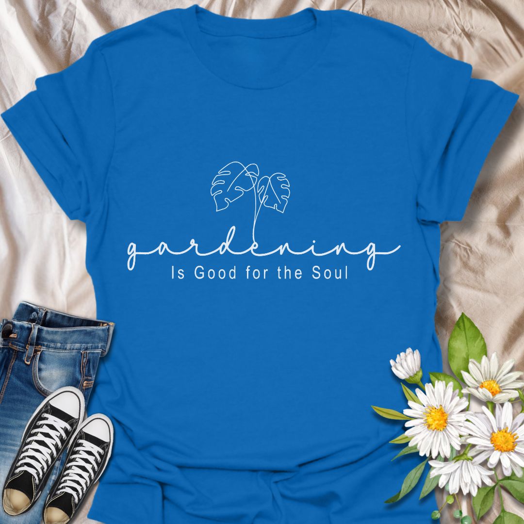 Simple and stylish gardening t-shirt with elegant line art leaves and the uplifting message 'Gardening is good for the soul.' A perfect gift for plant moms, garden lovers, and self-care advocates. Neutral tones and minimalist aesthetic for easy everyday wear or weekend plant therapy.