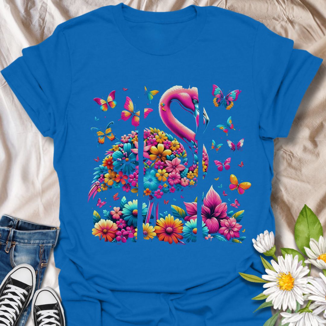Brighten your wardrobe with this stunning flamingo made entirely of colorful flowers, surrounded by vibrant butterflies. Perfect for nature lovers, summer vibes, or anyone who adores flamingos and cheerful floral designs.