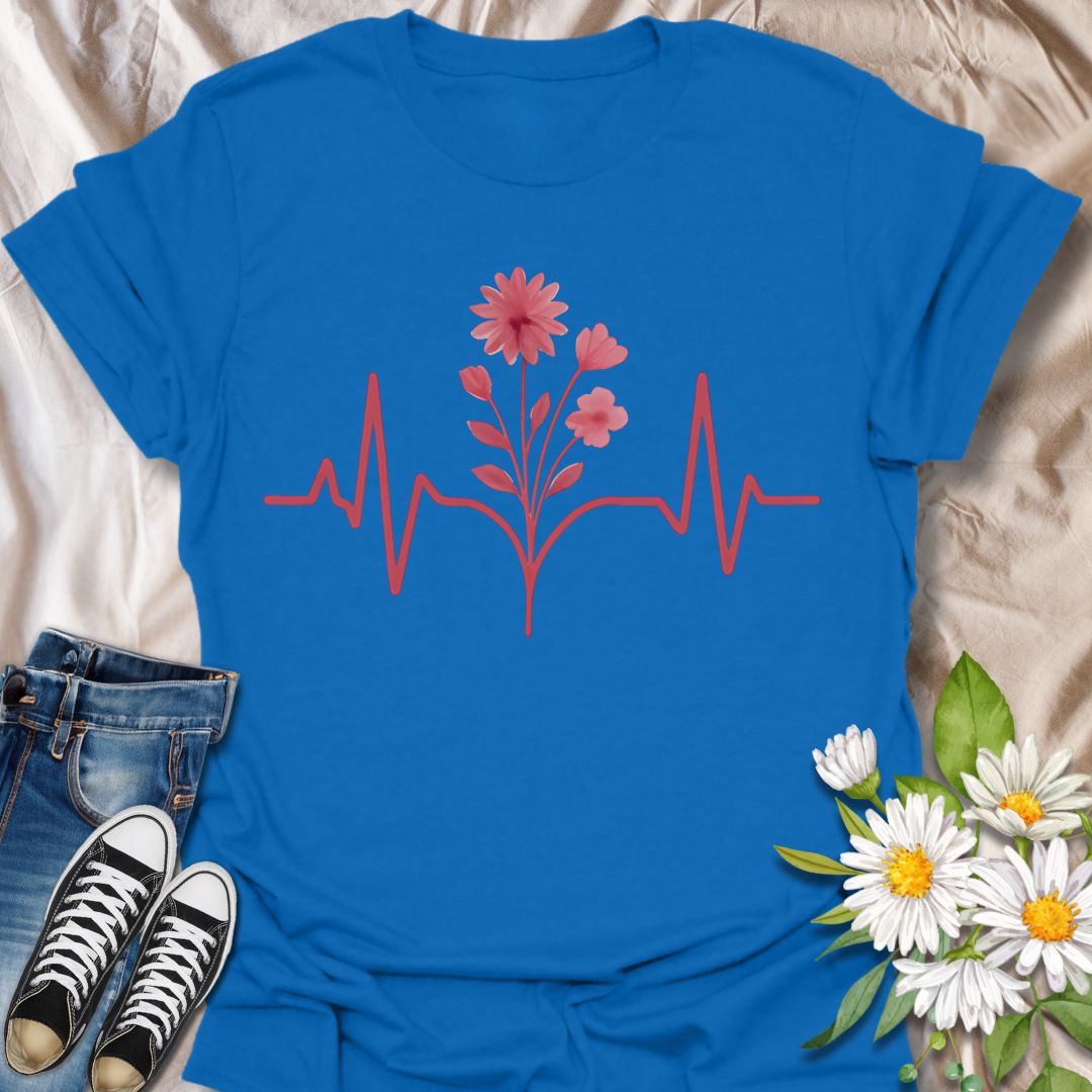 Minimalist flower heartbeat t-shirt featuring a soft red floral stem growing from a heart rhythm line. A meaningful, nature-meets-wellness design ideal for nurses, plant lovers, and anyone who feels alive in nature. Great gift for healthcare heroes, garden lovers, and flower fans alike