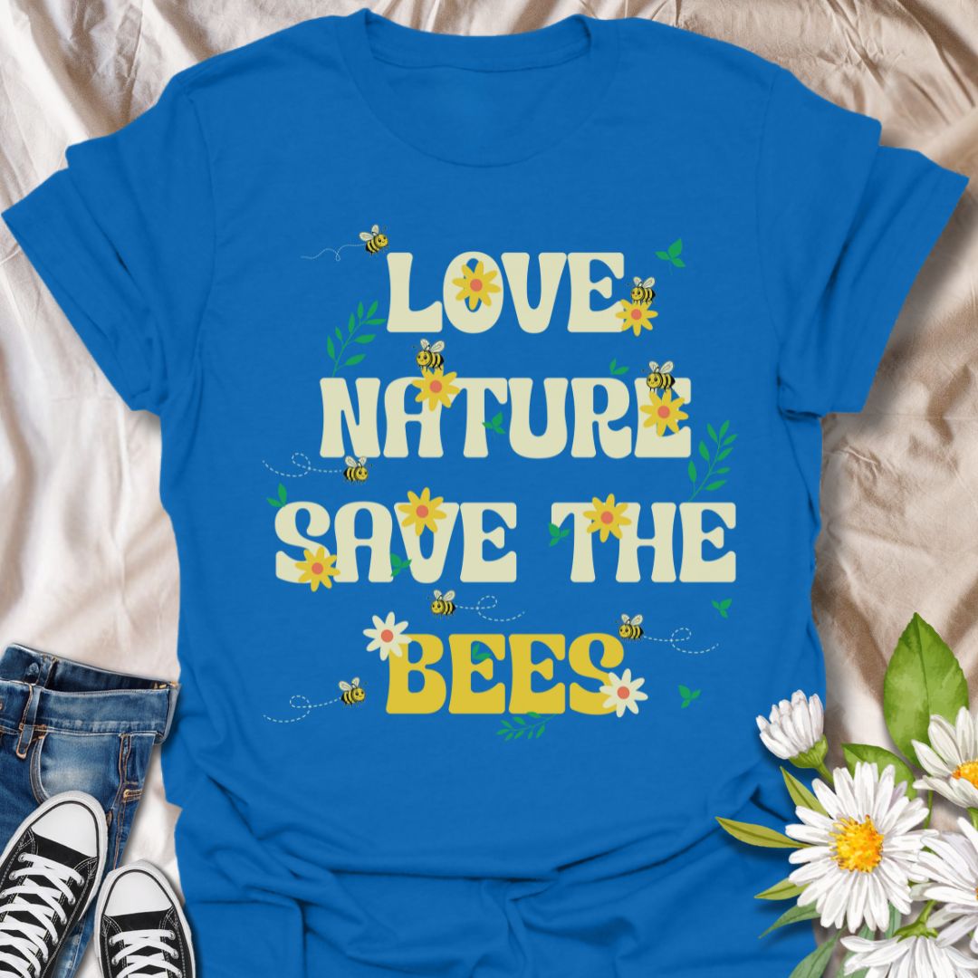 Bright "Love Nature Save The Bees" t-shirt with playful yellow typography, buzzing bees, and cheerful flower accents. Ideal for bee lovers, pollinator supporters, gardeners, environmental advocates, and nature enthusiasts. Perfect eco-friendly gift, conservation awareness shirt, botanical fashion, and sustainable garden apparel.