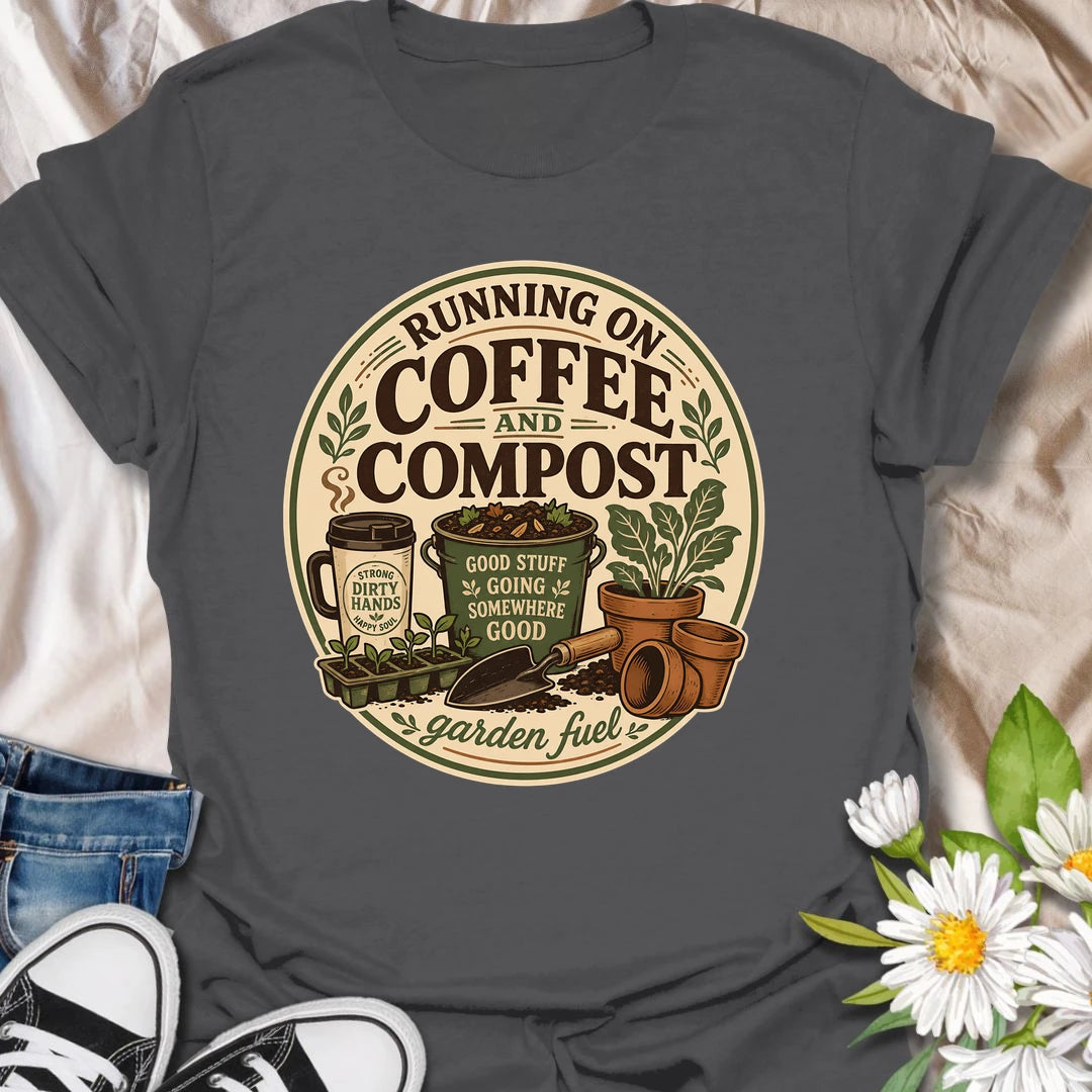 Funny gardening t-shirt for anyone fueled by coffee, compost, and time in the garden.
Features a travel mug, compost bucket, seed tray, and garden tools in a clean vintage layout.
Great for gardeners, compost lovers, homesteaders, and plant lovers who run on garden fuel.