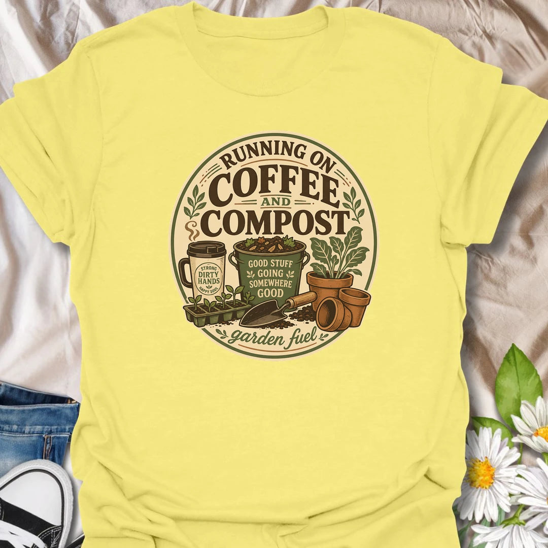 Funny gardening t-shirt for anyone fueled by coffee, compost, and time in the garden.
Features a travel mug, compost bucket, seed tray, and garden tools in a clean vintage layout.
Great for gardeners, compost lovers, homesteaders, and plant lovers who run on garden fuel.