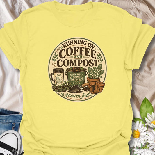 Funny gardening t-shirt for anyone fueled by coffee, compost, and time in the garden.
Features a travel mug, compost bucket, seed tray, and garden tools in a clean vintage layout.
Great for gardeners, compost lovers, homesteaders, and plant lovers who run on garden fuel.