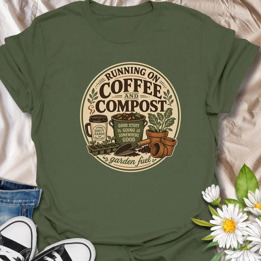 Funny gardening t-shirt for anyone fueled by coffee, compost, and time in the garden.
Features a travel mug, compost bucket, seed tray, and garden tools in a clean vintage layout.
Great for gardeners, compost lovers, homesteaders, and plant lovers who run on garden fuel.