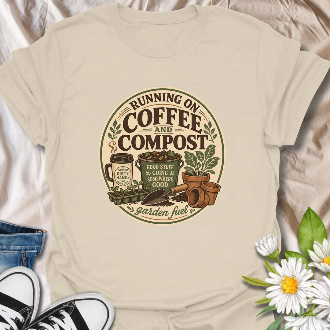 Funny gardening t-shirt for anyone fueled by coffee, compost, and time in the garden.
Features a travel mug, compost bucket, seed tray, and garden tools in a clean vintage layout.
Great for gardeners, compost lovers, homesteaders, and plant lovers who run on garden fuel.