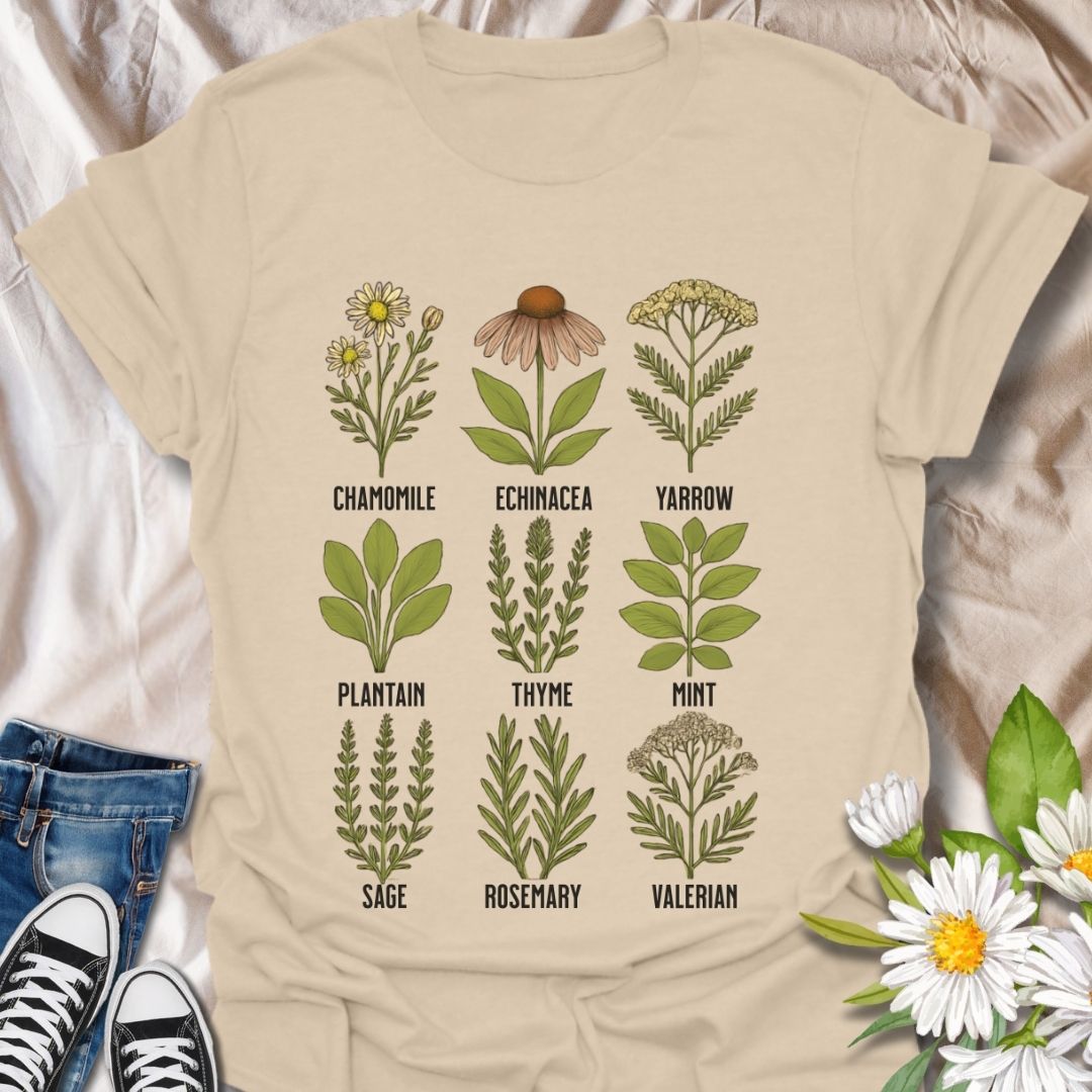 Educational and stylish herbal plants t-shirt featuring hand-drawn illustrations of chamomile, echinacea, yarrow, thyme, mint, rosemary, and more. A perfect gift for gardeners, herbalists, and plant enthusiasts who love natural remedies and botany-inspired fashion.