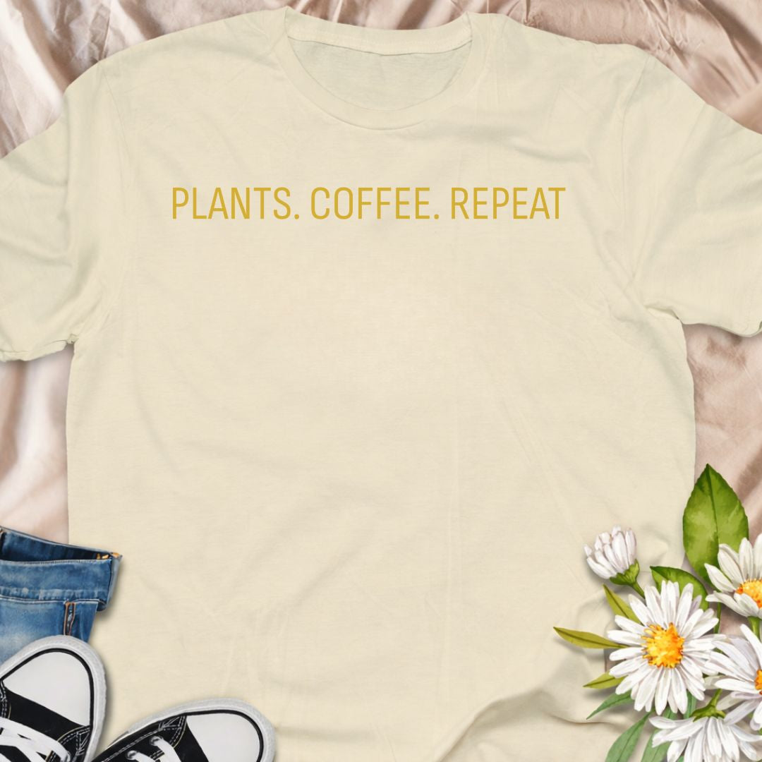A minimalist “Plants. Coffee. Repeat.” t-shirt for plant lovers, coffee addicts, and slow-living fans. A simple, everyday graphic tee perfect for gardeners, houseplant parents, and cozy café vibes.