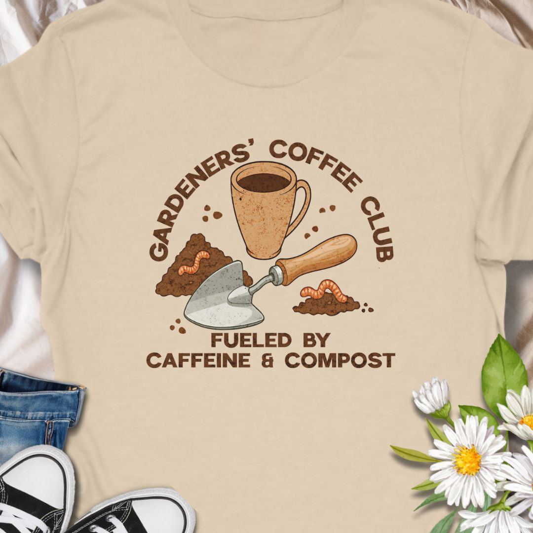Join the unofficial club for caffeine-fueled gardeners with this fun and earthy "Gardeners' Coffee Club" t-shirt. Perfect for green thumbs who love a hot cup and healthy soil, this design is a cozy blend of humor and horticulture.
The t-shirt that speaks to mornings spent with soil on your hands and a warm mug nearby. 