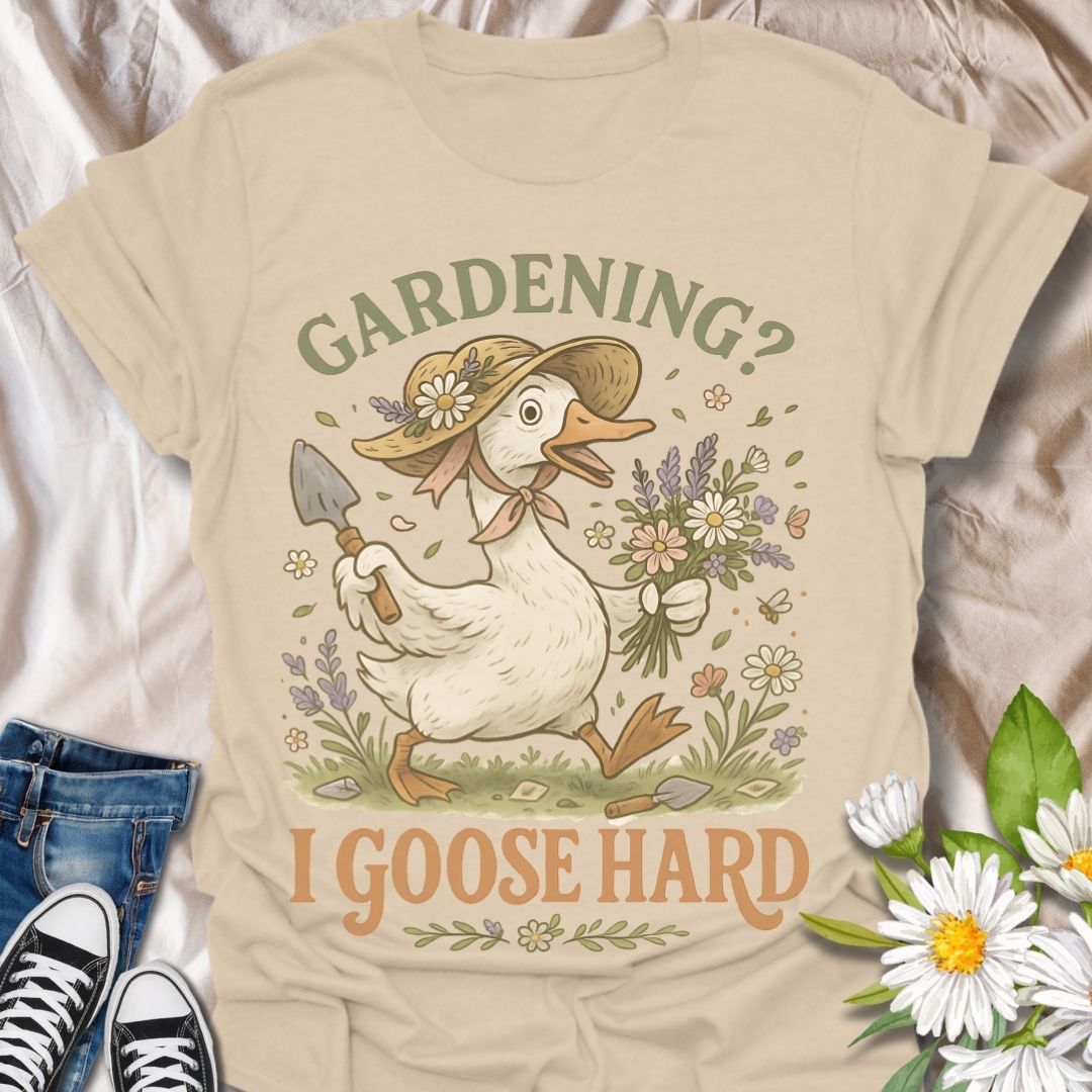 Bring humor and charm to your garden-loving lifestyle with this adorable goose gardening design. Featuring a cheerful goose with flowers and tools, it's the perfect gift for gardeners who enjoy a laugh and love quirky, nature-inspired style.